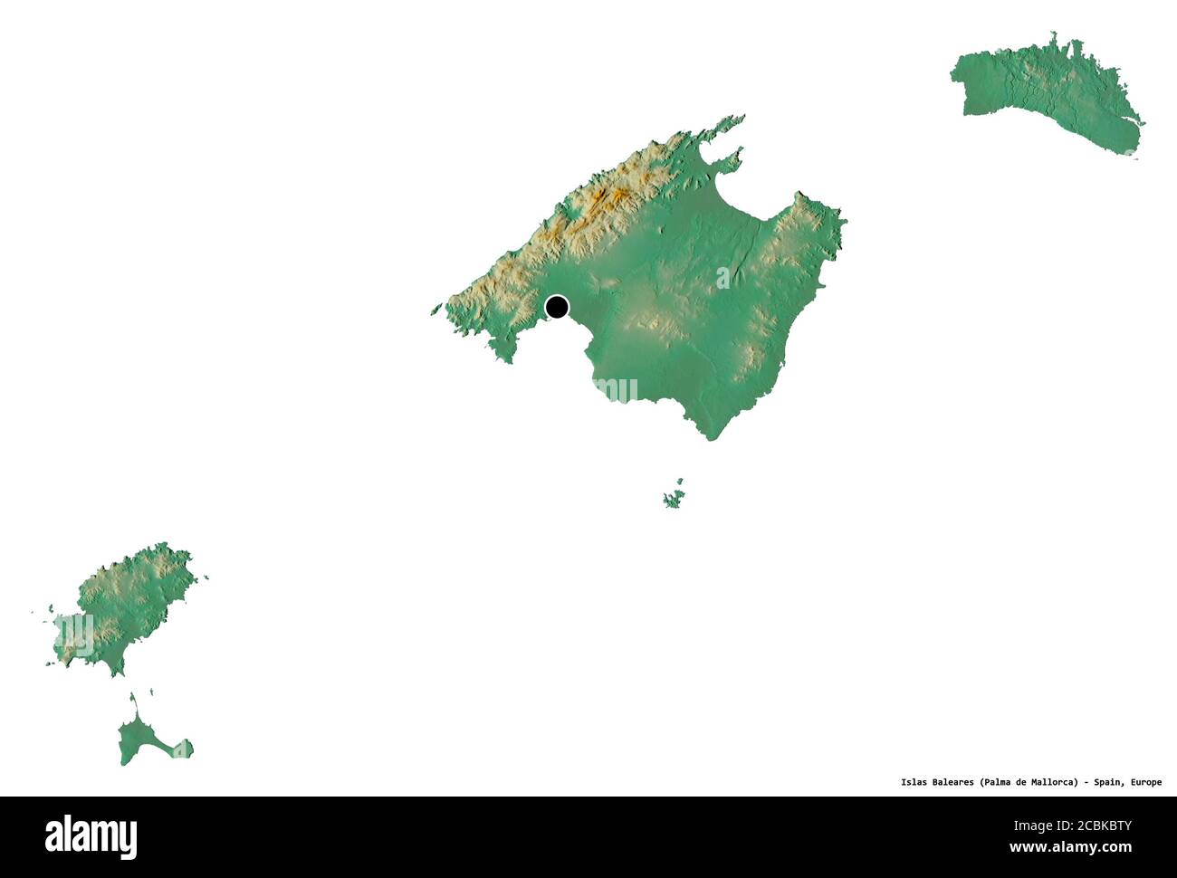 Forme d'Islas Baleares, communauté autonome d'Espagne, avec sa capitale isolée sur fond blanc. Carte topographique de relief. Rendu 3D Banque D'Images