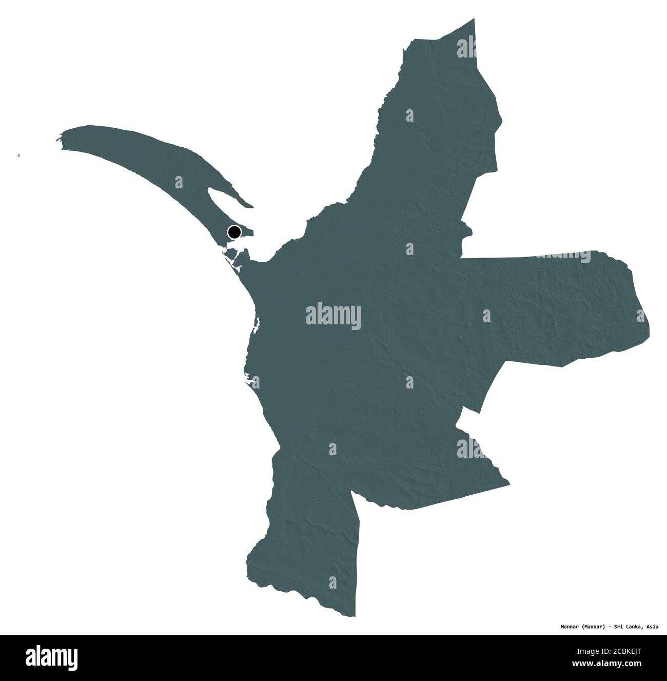 Forme de Mannar, district de Sri Lanka, avec sa capitale isolée sur fond blanc. Carte d'altitude en couleur. Rendu 3D Banque D'Images