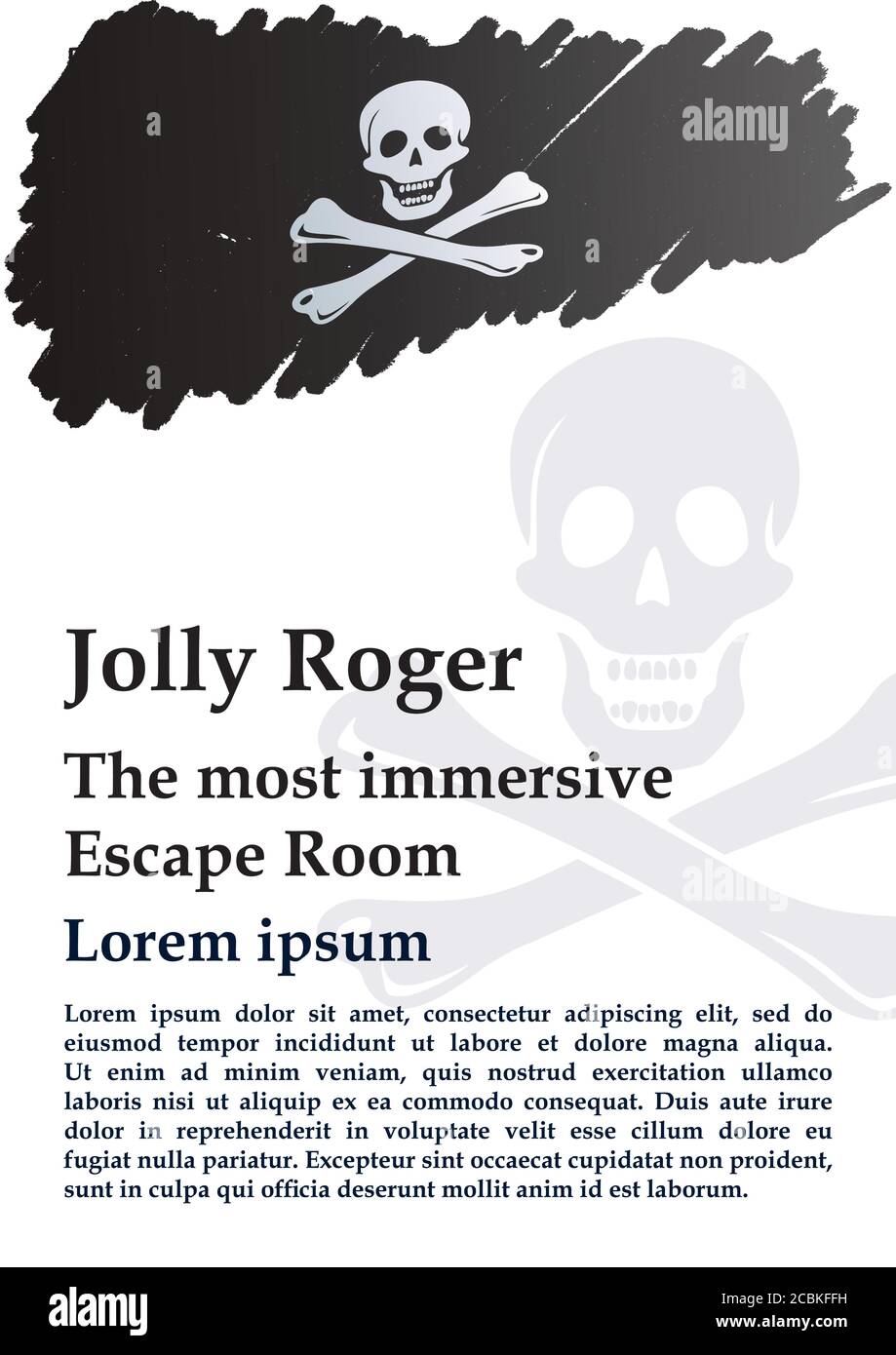 Drapeau de pirate avec crâne et crossos. Le traditionnel 'Jolly Roger' de la piraterie. Modèle pour la conception d'affiches, de publicité, de messages. Illustration de Vecteur