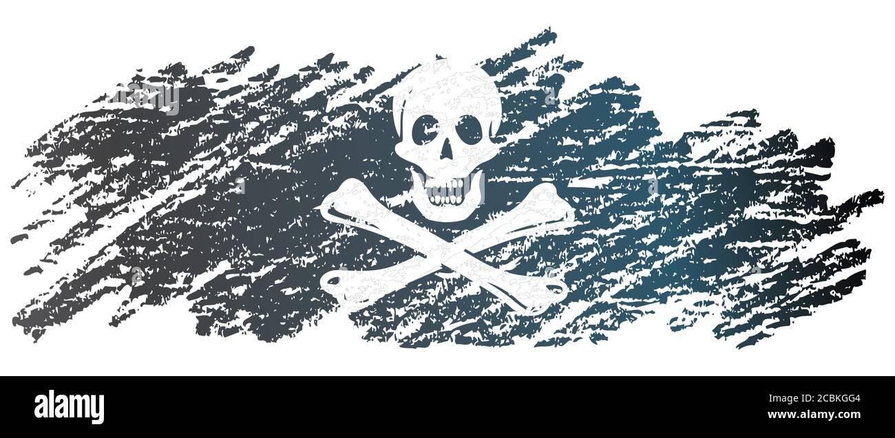 Drapeau de pirate avec crâne et crossos. Le traditionnel 'Jolly Roger' de la piraterie. Modèle pour la conception d'affiches, de publicité, de messages. Illustration de Vecteur