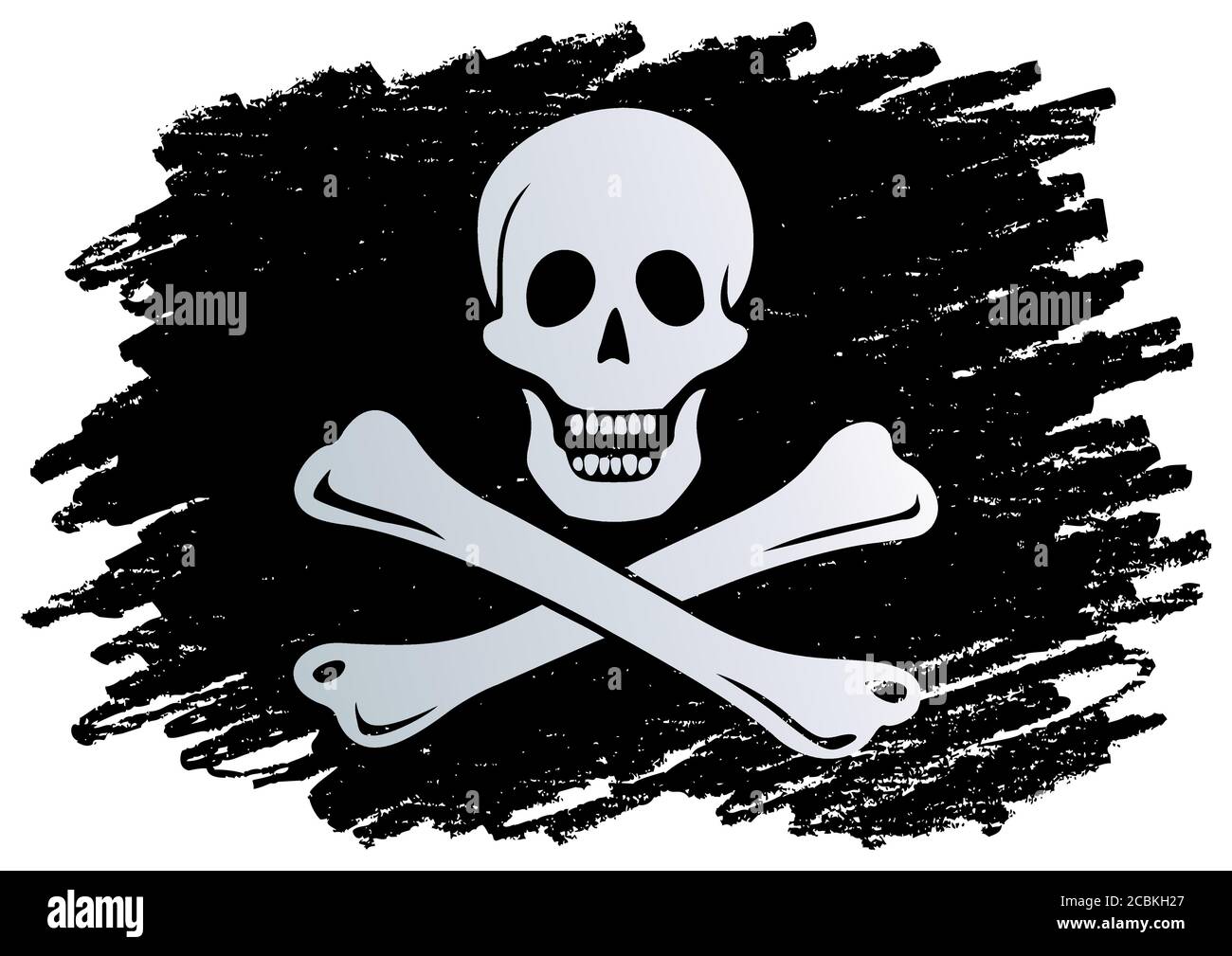 Drapeau de pirate avec crâne et crossos. Le traditionnel 'Jolly Roger' de la piraterie. Modèle pour la conception d'affiches, de publicité, de messages. Illustration de Vecteur