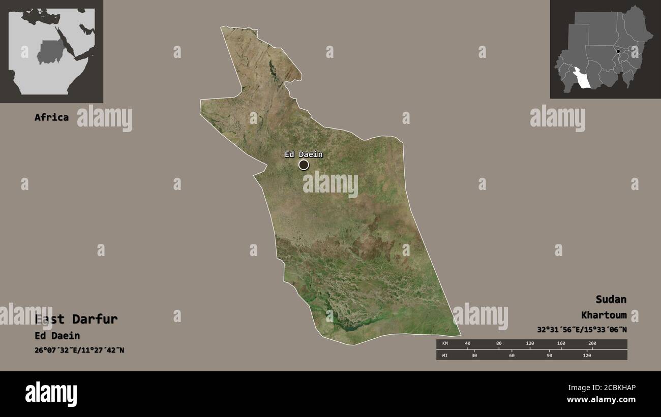 Forme du Darfour est, état du Soudan, et sa capitale. Echelle de distance, aperçus et étiquettes. Imagerie satellite. Rendu 3D Banque D'Images