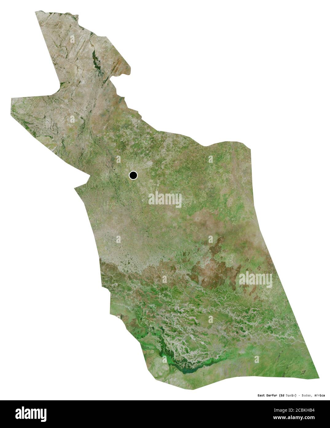 Forme du Darfour oriental, État du Soudan, avec sa capitale isolée sur fond blanc. Imagerie satellite. Rendu 3D Banque D'Images