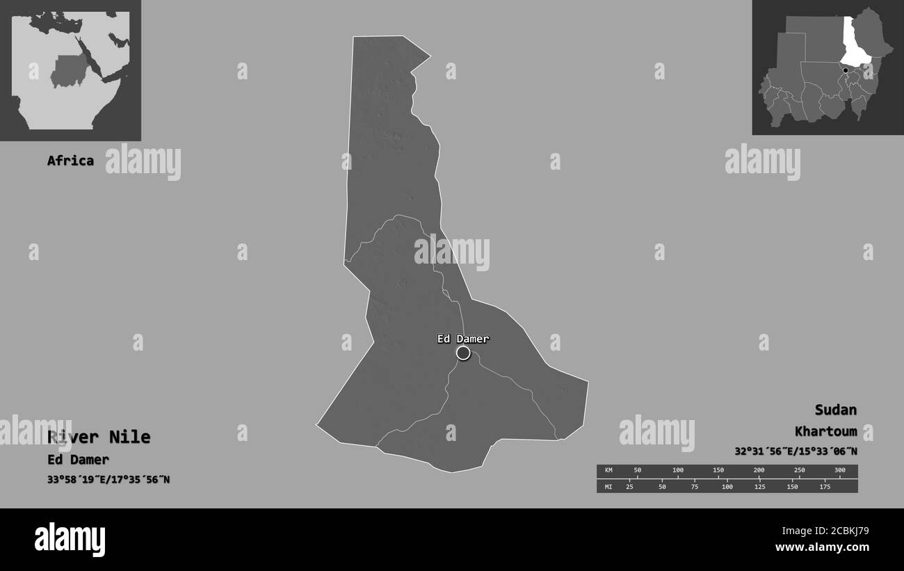 Forme du Nil, état du Soudan, et sa capitale. Echelle de distance, aperçus et étiquettes. Carte d'élévation à deux niveaux. Rendu 3D Banque D'Images