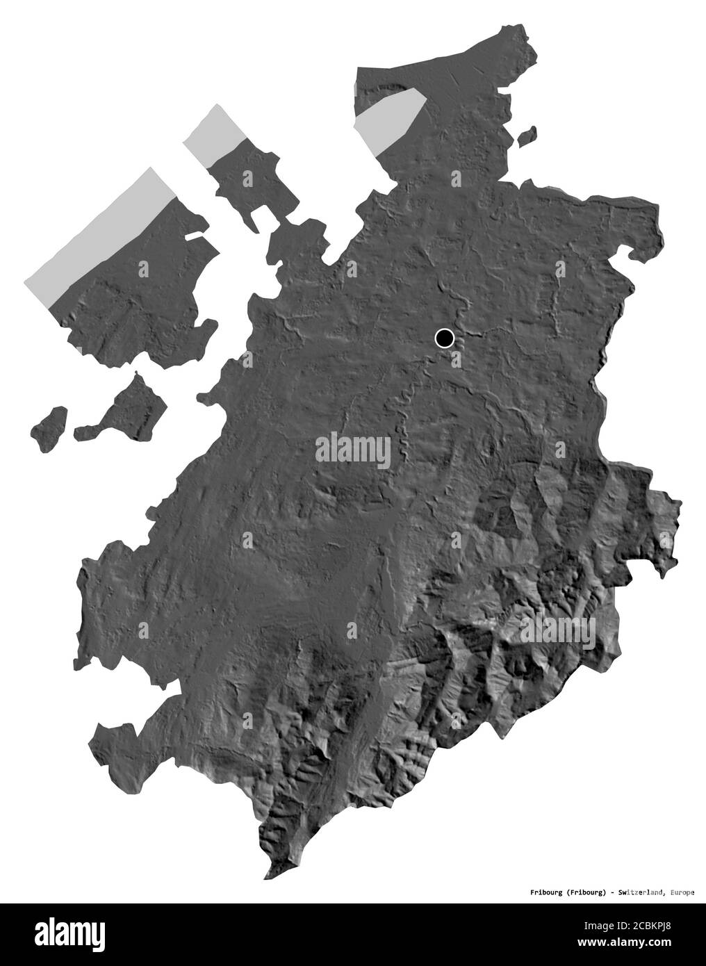 Forme de Fribourg, canton de Suisse, avec sa capitale isolée sur fond blanc. Carte d'élévation à deux niveaux. Rendu 3D Banque D'Images