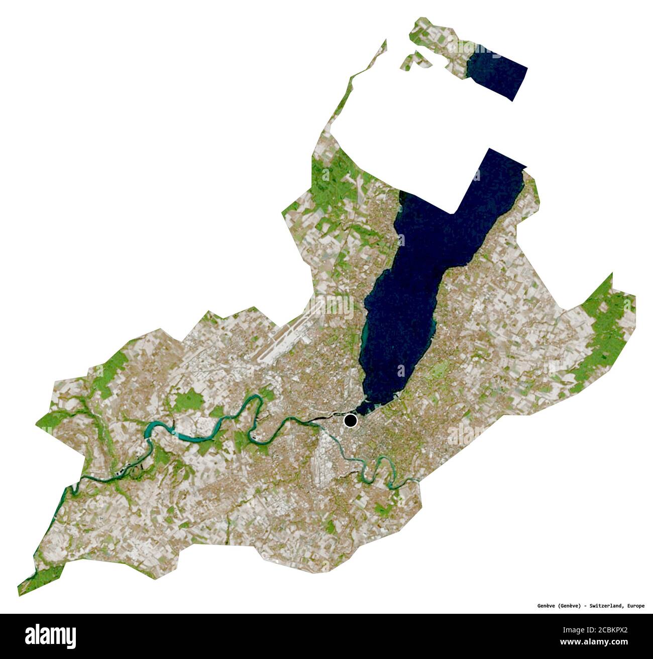 Forme de Genève, canton de Suisse, avec sa capitale isolée sur fond blanc. Imagerie satellite. Rendu 3D Banque D'Images