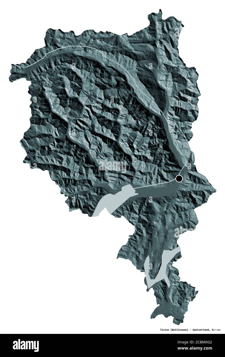 Forme du Tessin, canton de Suisse, avec sa capitale isolée sur fond blanc. Carte d'altitude en couleur. Rendu 3D Banque D'Images