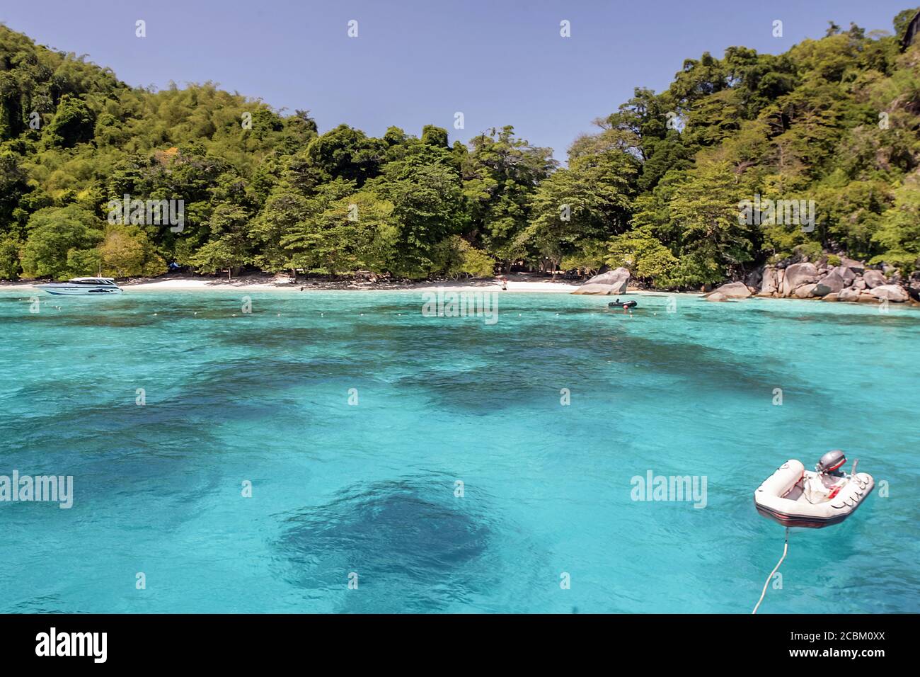 Bateau à vitesse attaché sur l'île de Koh Miang Dans les îles Similan dans la mer Andaman de l'ouest Thaïlande Banque D'Images