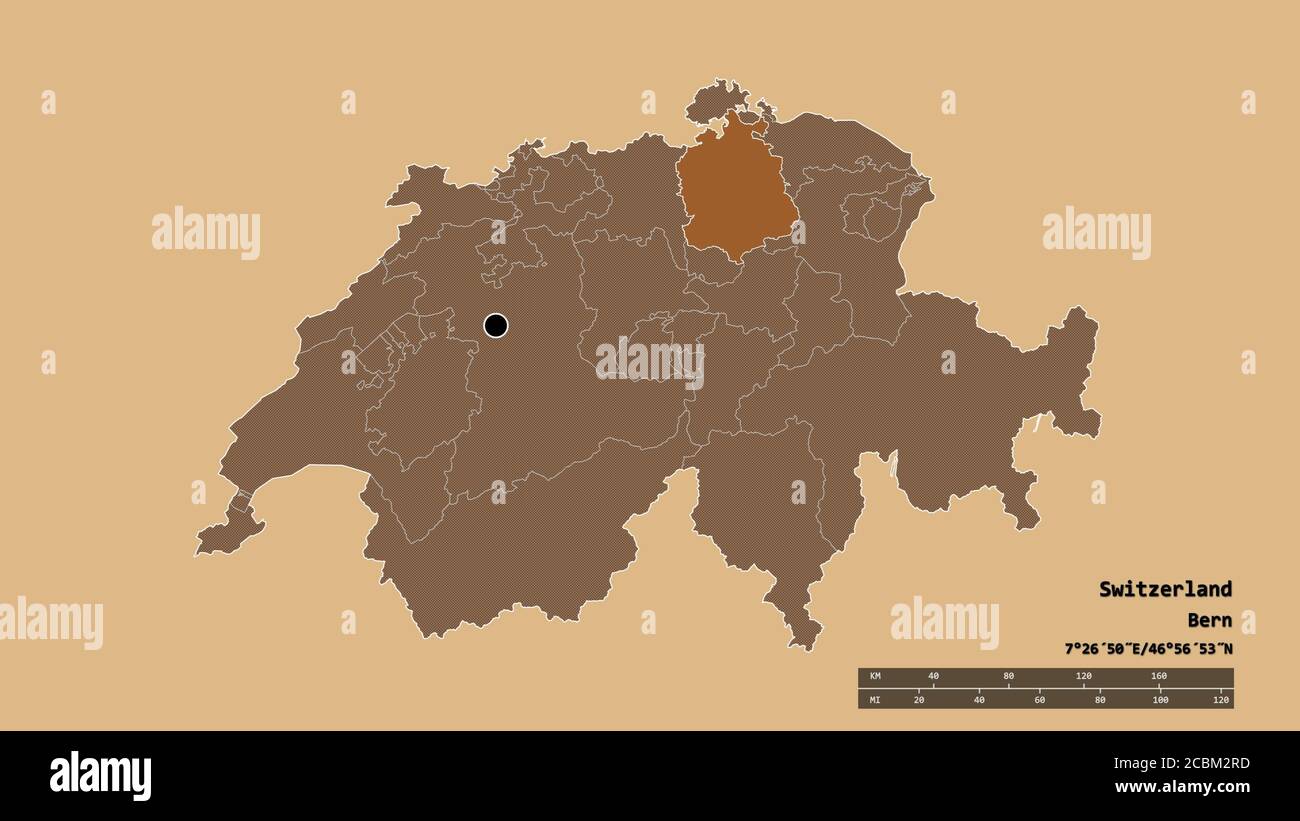 La Suisse désaturée de sa capitale, de sa principale division régionale et de la région séparée de Zurich. Étiquettes. Composition des textures répétées. 3D Banque D'Images