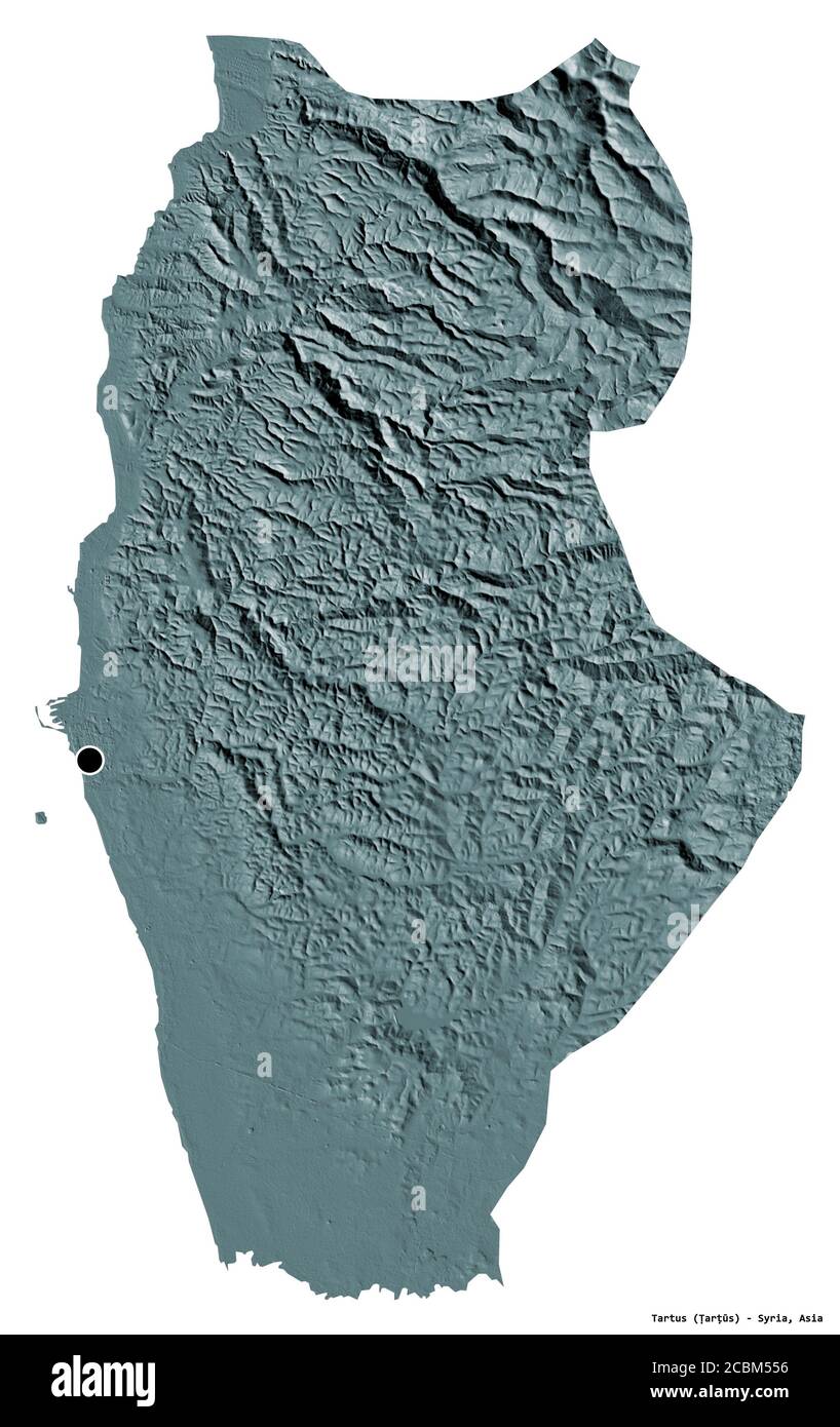 Forme de Tartus, province de Syrie, avec sa capitale isolée sur fond blanc. Carte d'altitude en couleur. Rendu 3D Banque D'Images