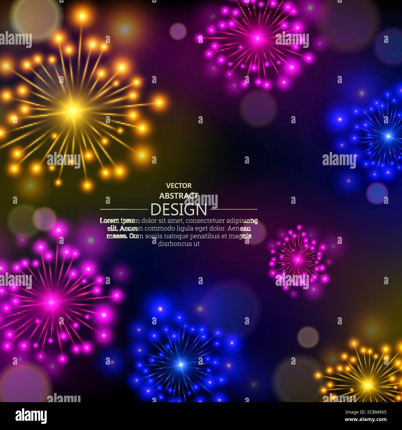 Le feu d'artifice multicolore brillant. Motif abstrait et lumineux sur fond sombre avec éléments sur le côté. Une illustration vectorielle avec l'emplacement pour t Illustration de Vecteur