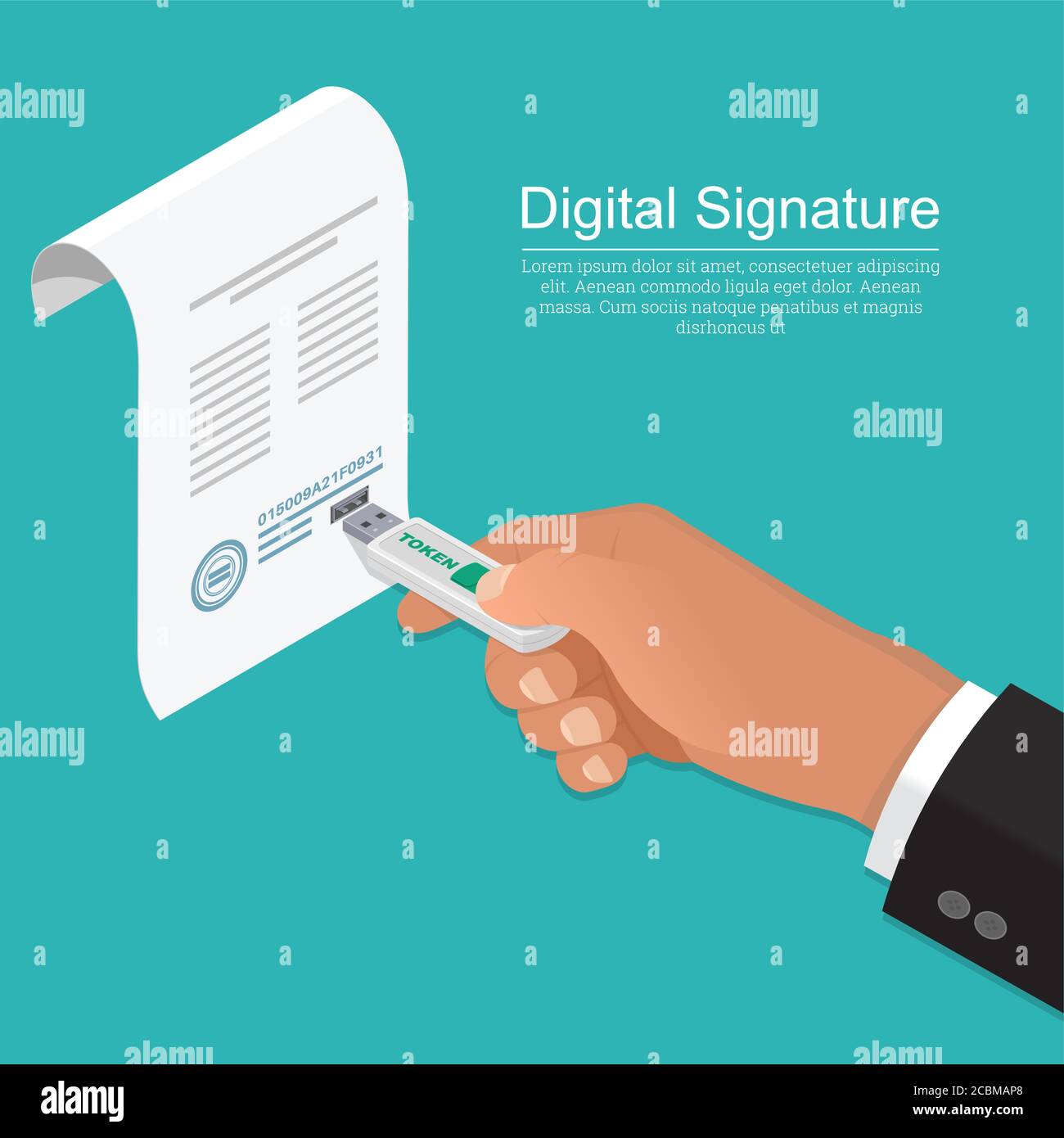 La main de l'homme d'affaires avec la clé USB. Le document avec le connecteur.concept de la signature numérique.la société pour le service client.Isomet Illustration de Vecteur