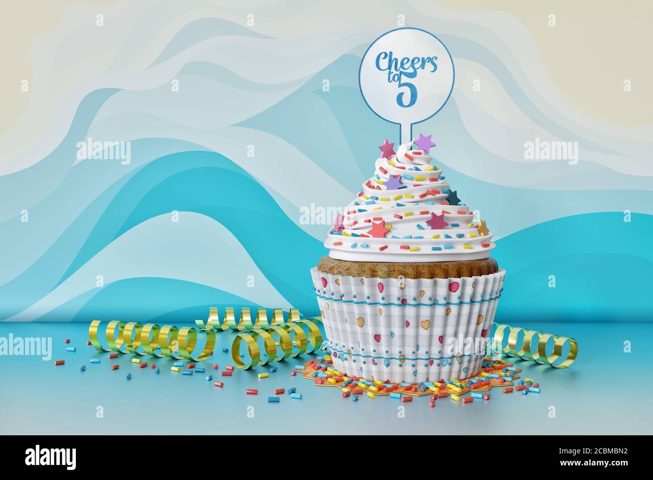 Rendu 3D d'un cucpake d'anniversaire sur fond bleu Banque D'Images