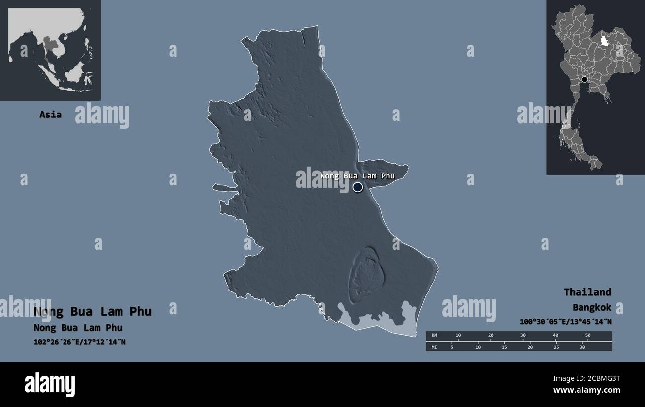 Forme de Nong Bua Lam Phu, province de Thaïlande, et sa capitale. Echelle de distance, aperçus et étiquettes. Carte d'altitude en couleur. Rendu 3D Banque D'Images