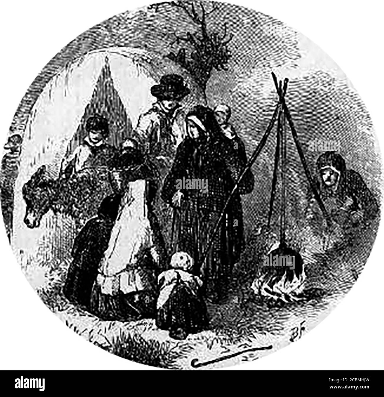 Illustration en 1849 d'un camp de voyageurs tziganes en Angleterre (ou en Irlande). Banque D'Images