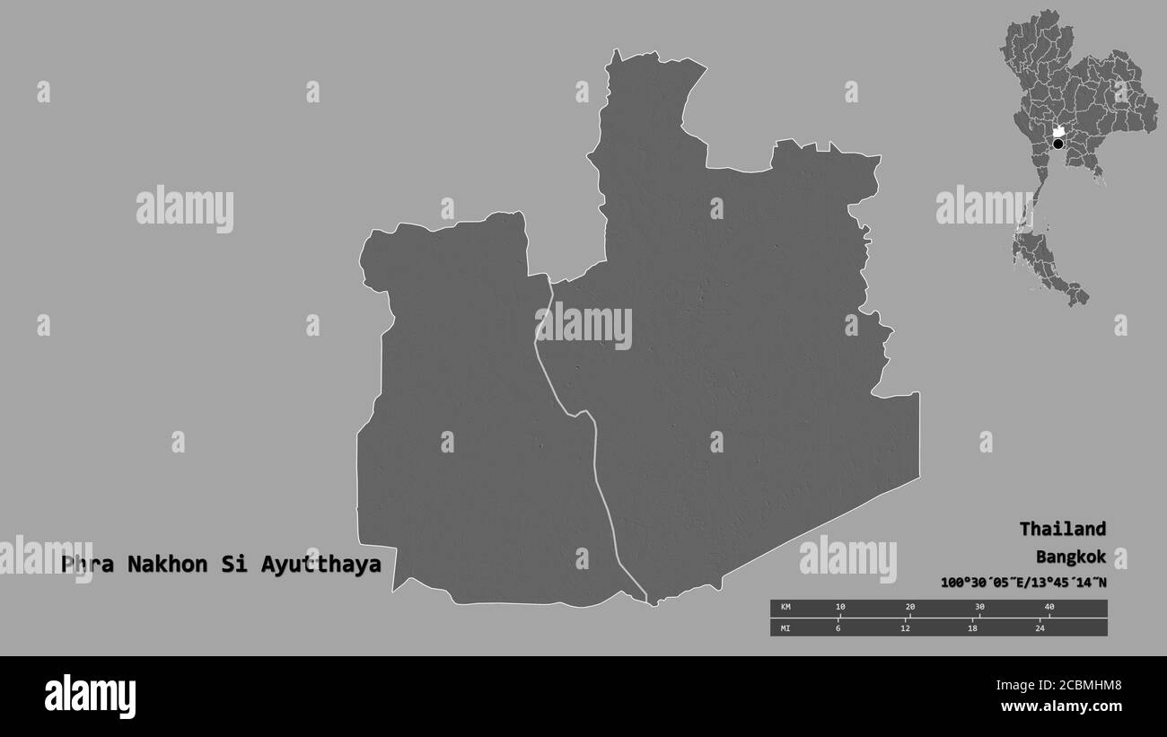 Forme de Phra Nakhon si Ayutthaya, province de Thaïlande, avec sa capitale isolée sur fond solide. Échelle de distance, aperçu de la région et libellés. Bil Banque D'Images