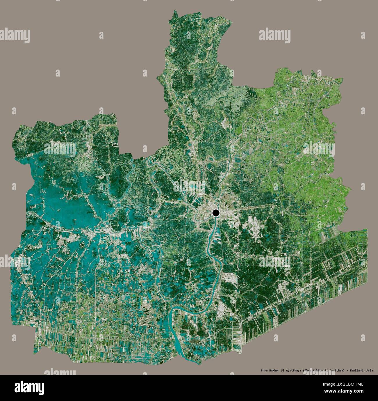 Forme de Phra Nakhon si Ayutthaya, province de Thaïlande, avec sa capitale isolée sur un fond de couleur unie. Imagerie satellite. Rendu 3D Banque D'Images