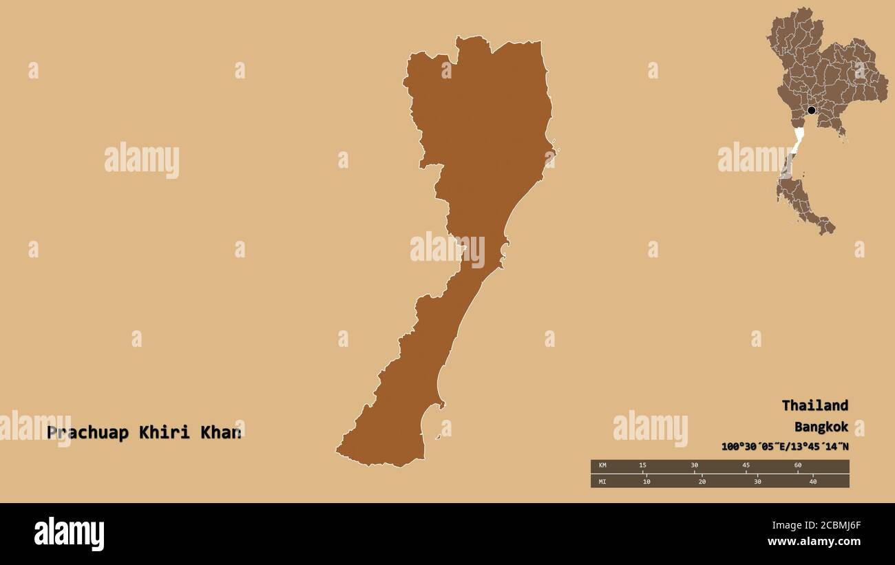 Forme de Prachuap Khiri Khan, province de Thaïlande, avec sa capitale isolée sur fond solide. Échelle de distance, aperçu de la région et libellés. Composit Banque D'Images