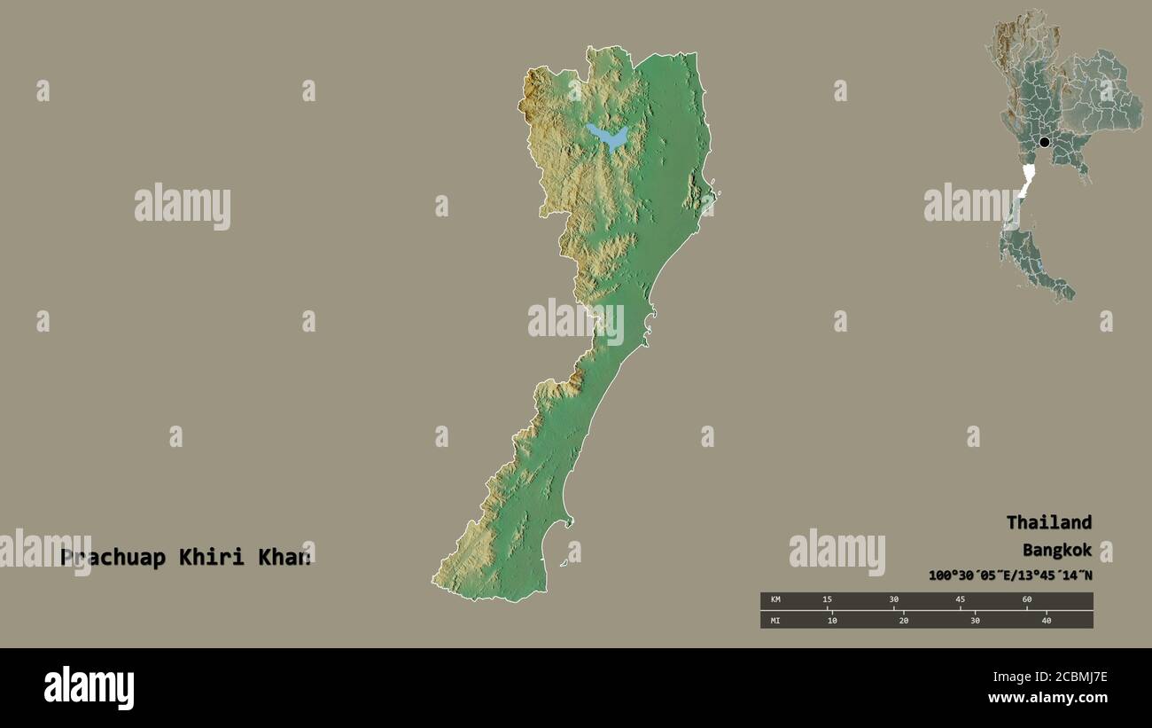 Forme de Prachuap Khiri Khan, province de Thaïlande, avec sa capitale isolée sur fond solide. Échelle de distance, aperçu de la région et libellés. Topograp Banque D'Images