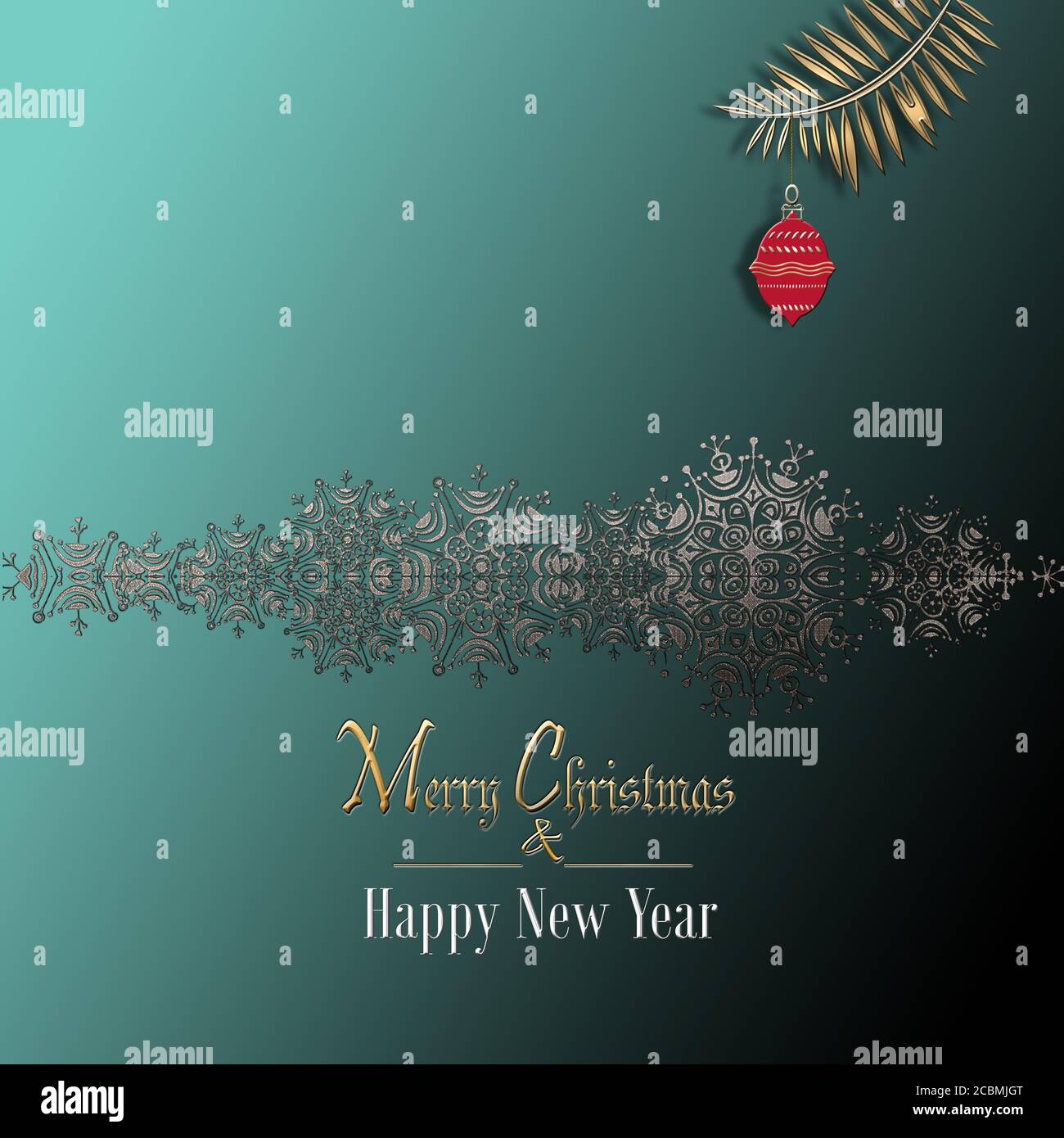 Noël et bonne année arrière-plan avec bordure brillante de flocons de neige, boule rouge sur fond vert. Illustration 3D Banque D'Images