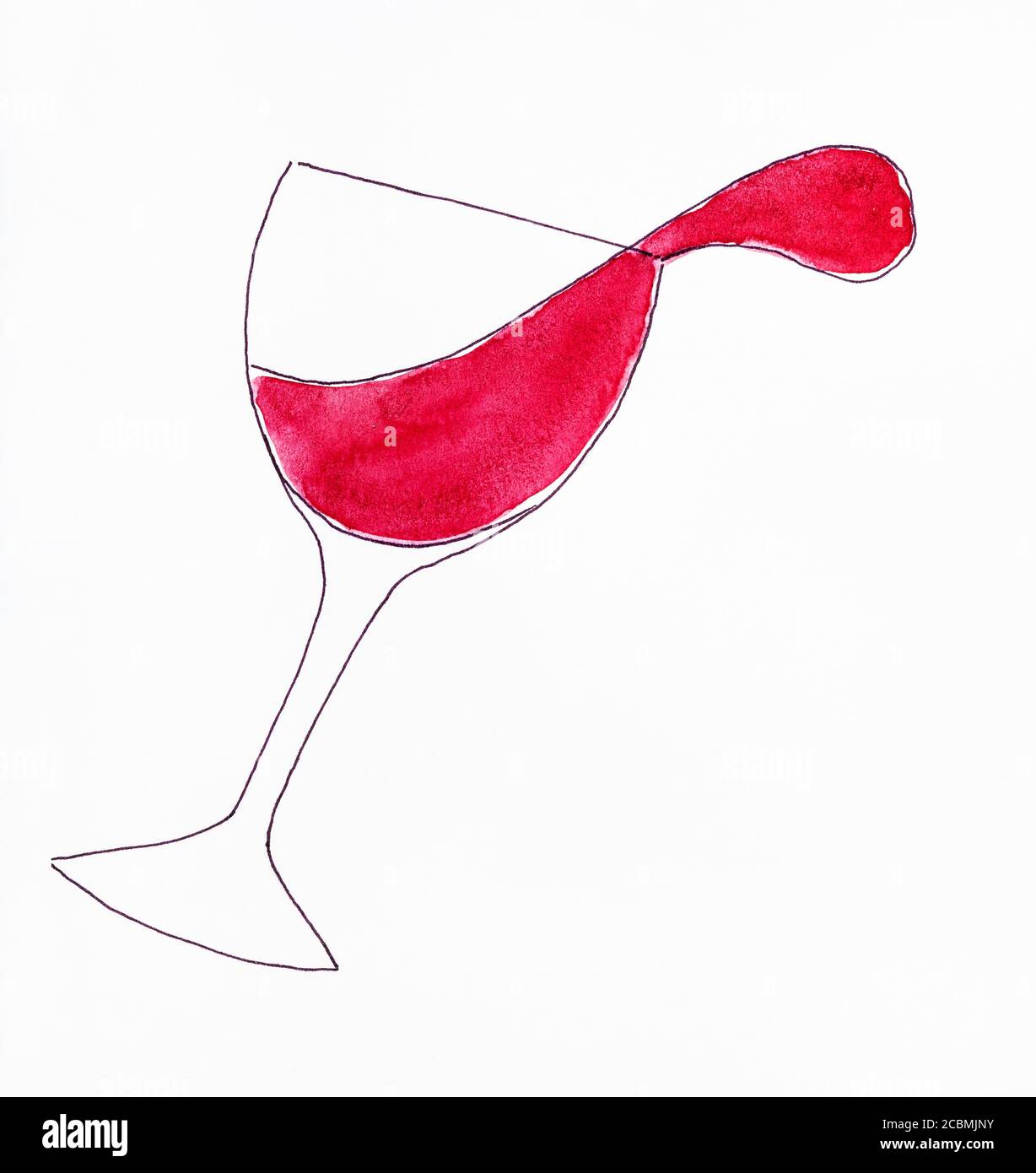 croquis de verre de vin renversé au vin rouge dessiné à la main par du noir encre et aquarelles rouges sur papier blanc Banque D'Images