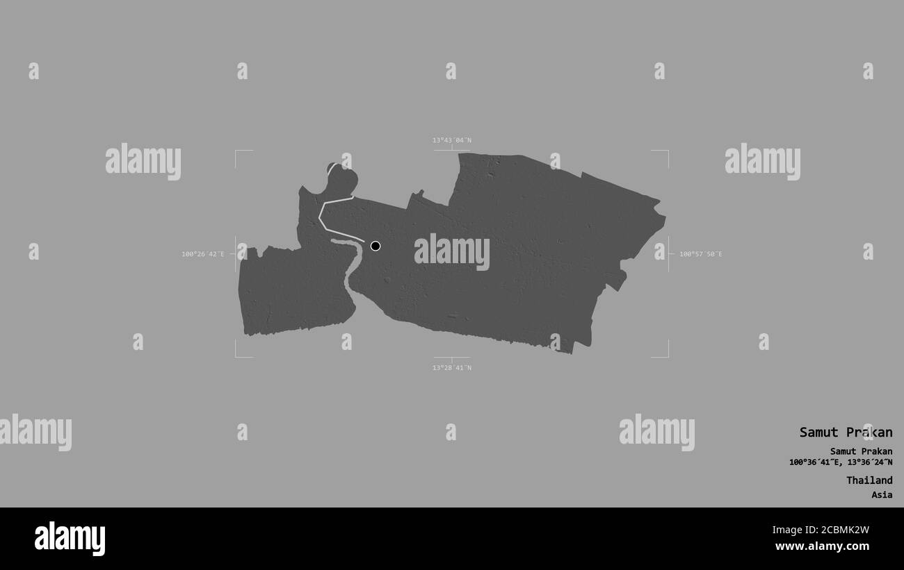 Région de Samut Prakan, province de Thaïlande, isolée sur un fond solide dans une boîte englobante géoréférencée. Étiquettes. Carte d'élévation à deux niveaux. Rendu 3D Banque D'Images