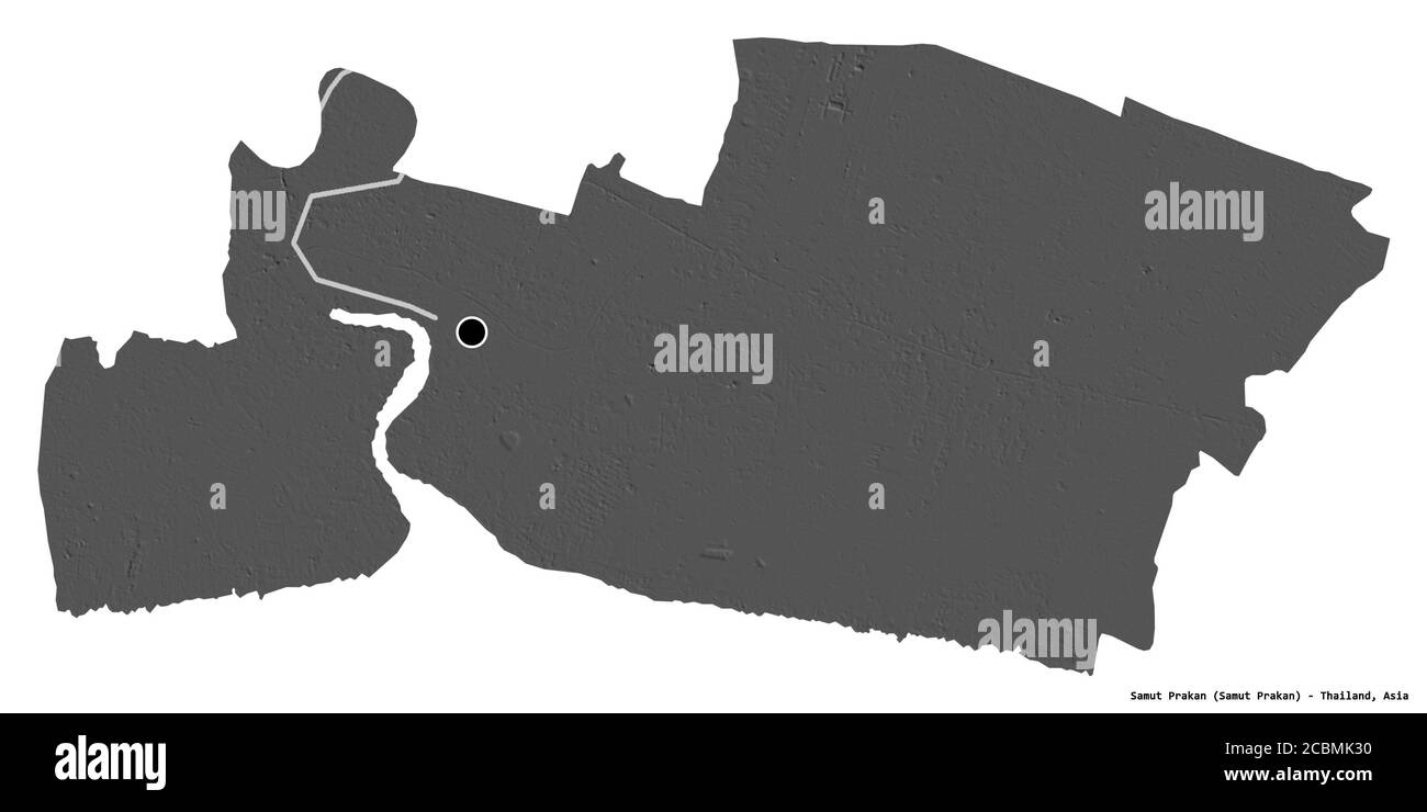 Forme de Samut Prakan, province de Thaïlande, avec sa capitale isolée sur fond blanc. Carte d'élévation à deux niveaux. Rendu 3D Banque D'Images