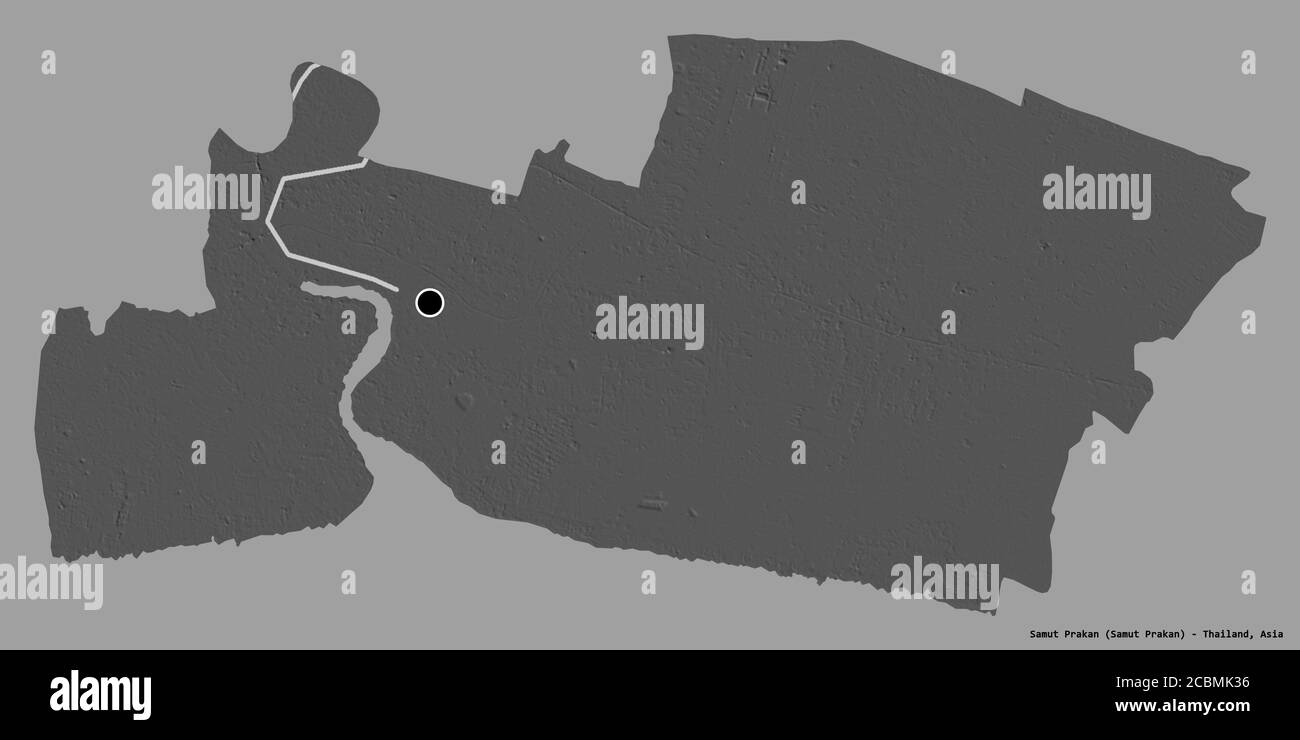 Forme de Samut Prakan, province de Thaïlande, avec sa capitale isolée sur un fond de couleur unie. Carte d'élévation à deux niveaux. Rendu 3D Banque D'Images