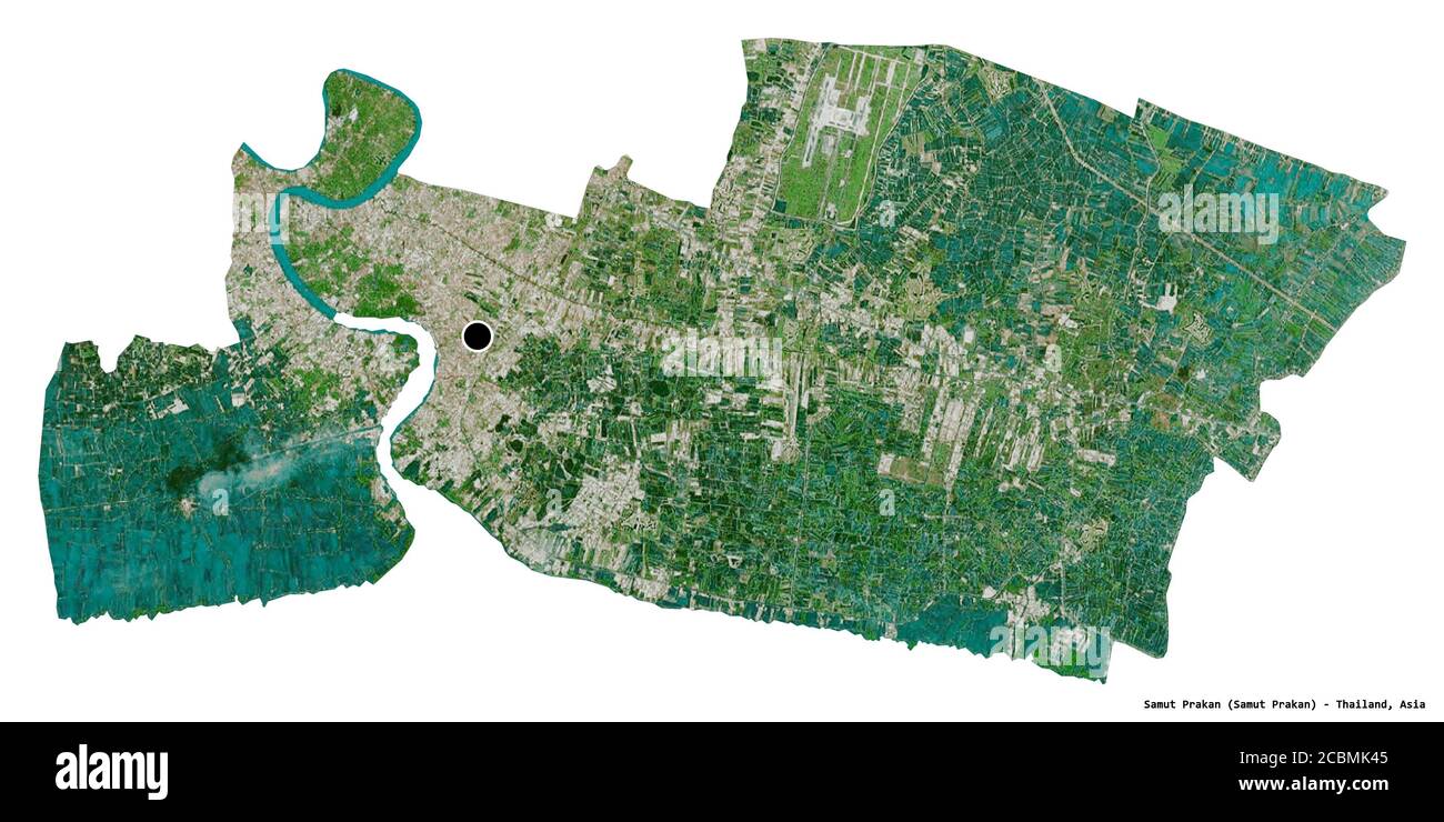 Forme de Samut Prakan, province de Thaïlande, avec sa capitale isolée sur fond blanc. Imagerie satellite. Rendu 3D Banque D'Images
