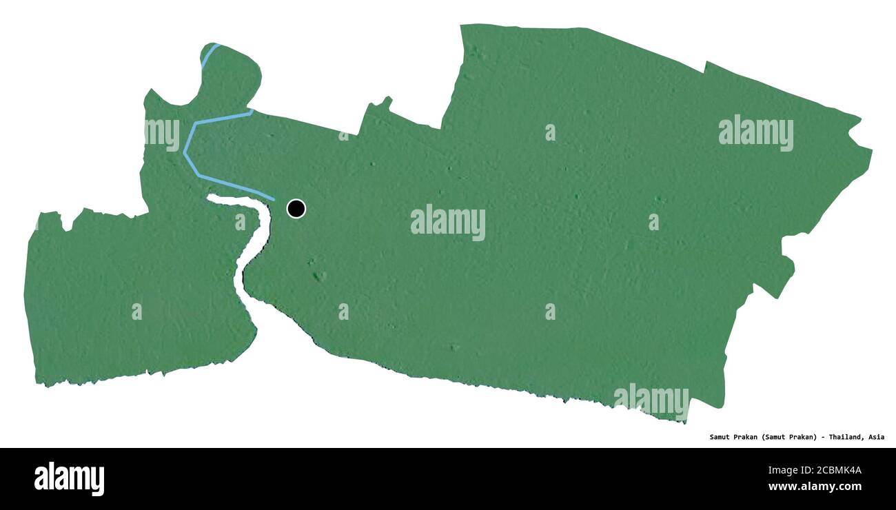 Forme de Samut Prakan, province de Thaïlande, avec sa capitale isolée sur fond blanc. Carte topographique de relief. Rendu 3D Banque D'Images