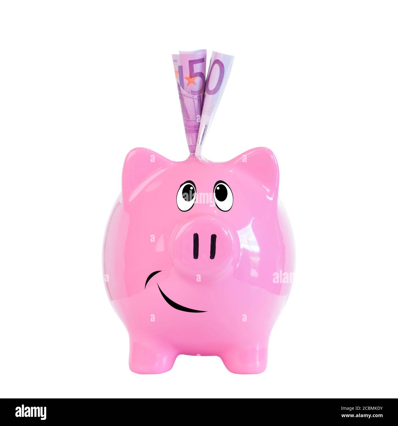 facture de 500 euros dans une jolie banque de porc rose avant d'un arrière-plan blanc Banque D'Images