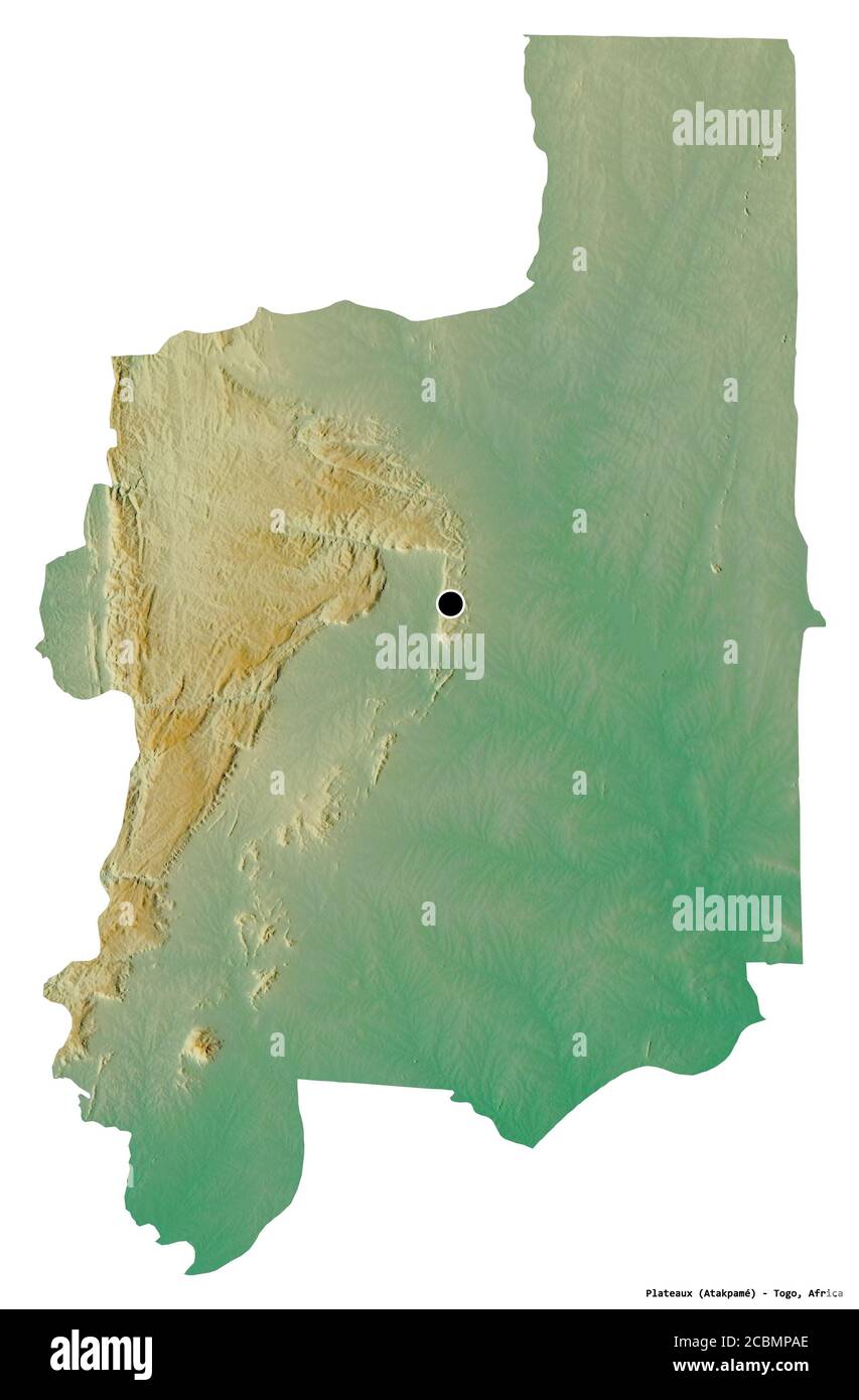 Forme des plateaux, région du Togo, avec sa capitale isolée sur fond blanc.  Carte topographique de relief. Rendu 3D Photo Stock - Alamy