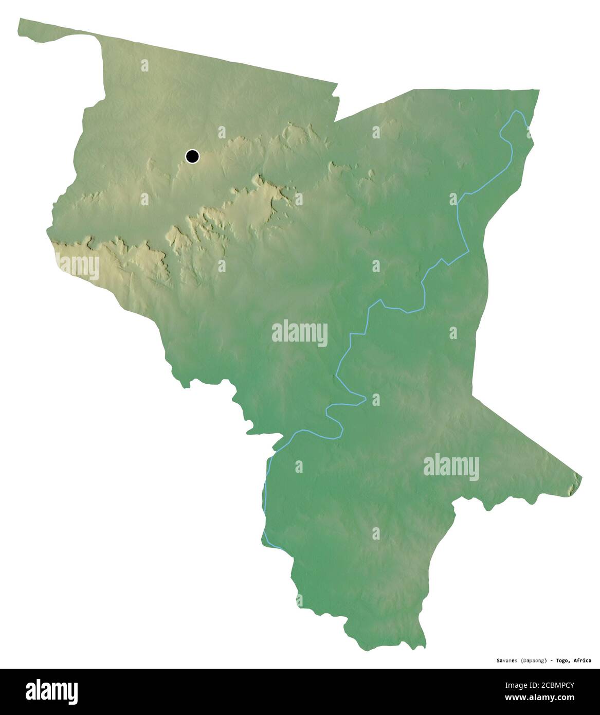 Forme de Savanes, région du Togo, avec sa capitale isolée sur fond blanc. Carte topographique de relief. Rendu 3D Banque D'Images