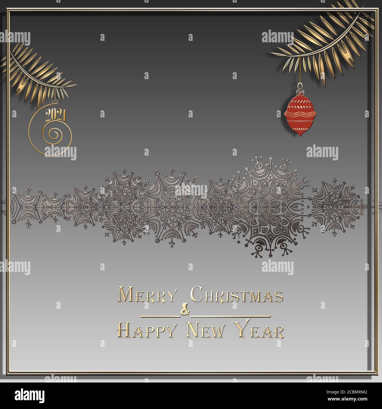 Noël et bonne année arrière-plan avec bordure brillante de flocons de neige, boule rouge sur fond gris pastel et texte Mery Christmas Bonne Année. Illustration 3D Banque D'Images