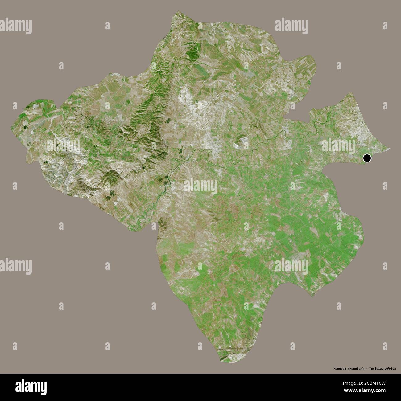 Forme de Manubah, gouvernorat tunisien, avec sa capitale isolée sur un fond de couleur unie. Imagerie satellite. Rendu 3D Banque D'Images