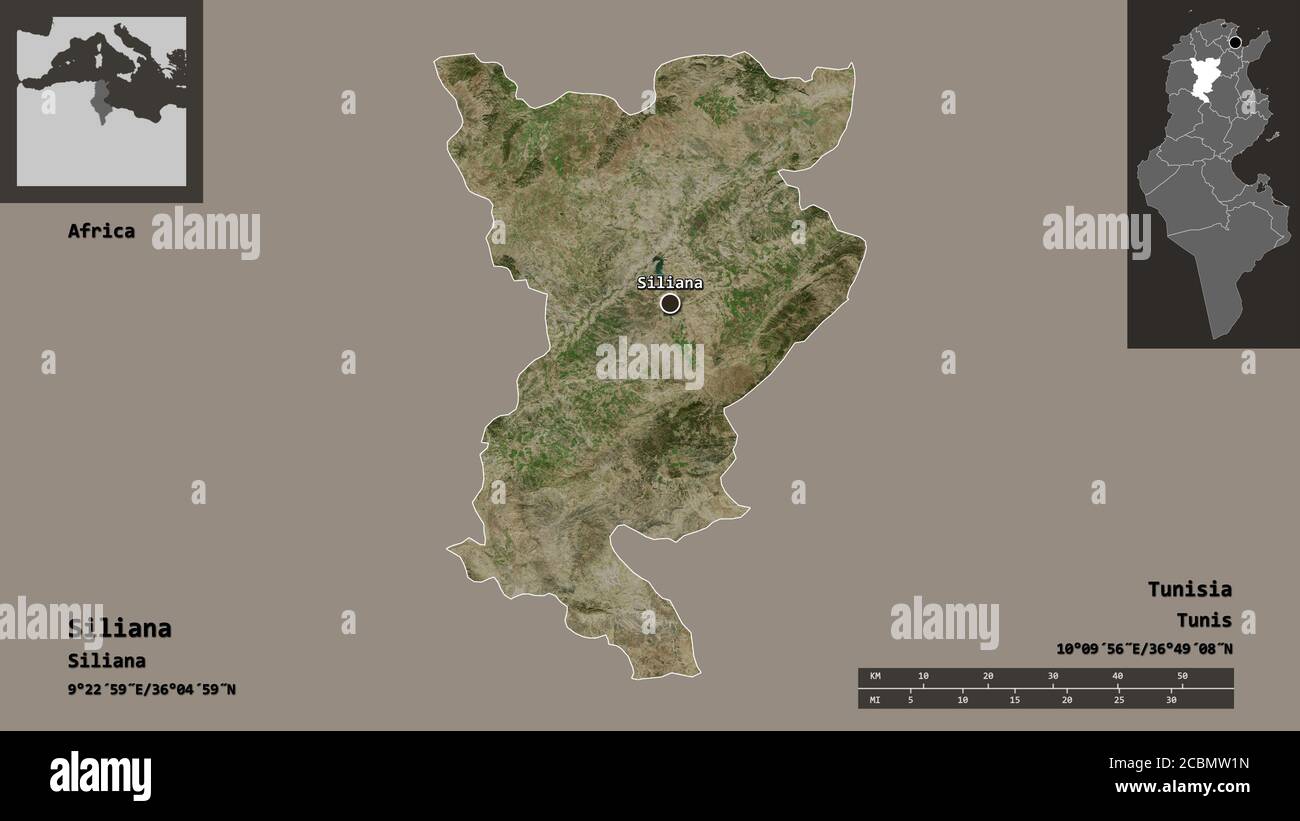 Forme de Siliana, gouvernorat tunisien, et de sa capitale. Echelle de distance, aperçus et étiquettes. Imagerie satellite. Rendu 3D Banque D'Images