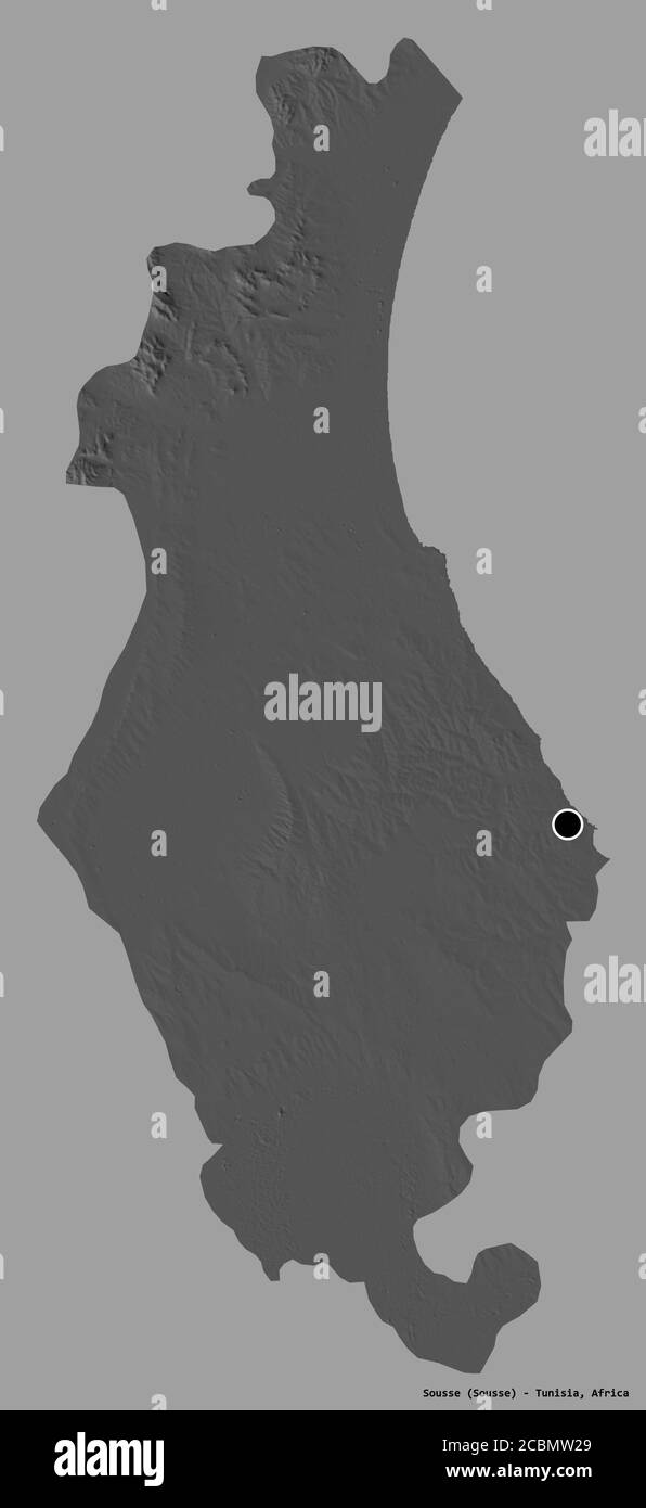 Forme de Sousse, gouvernorat tunisien, avec sa capitale isolée sur un fond de couleur unie. Carte d'élévation à deux niveaux. Rendu 3D Banque D'Images
