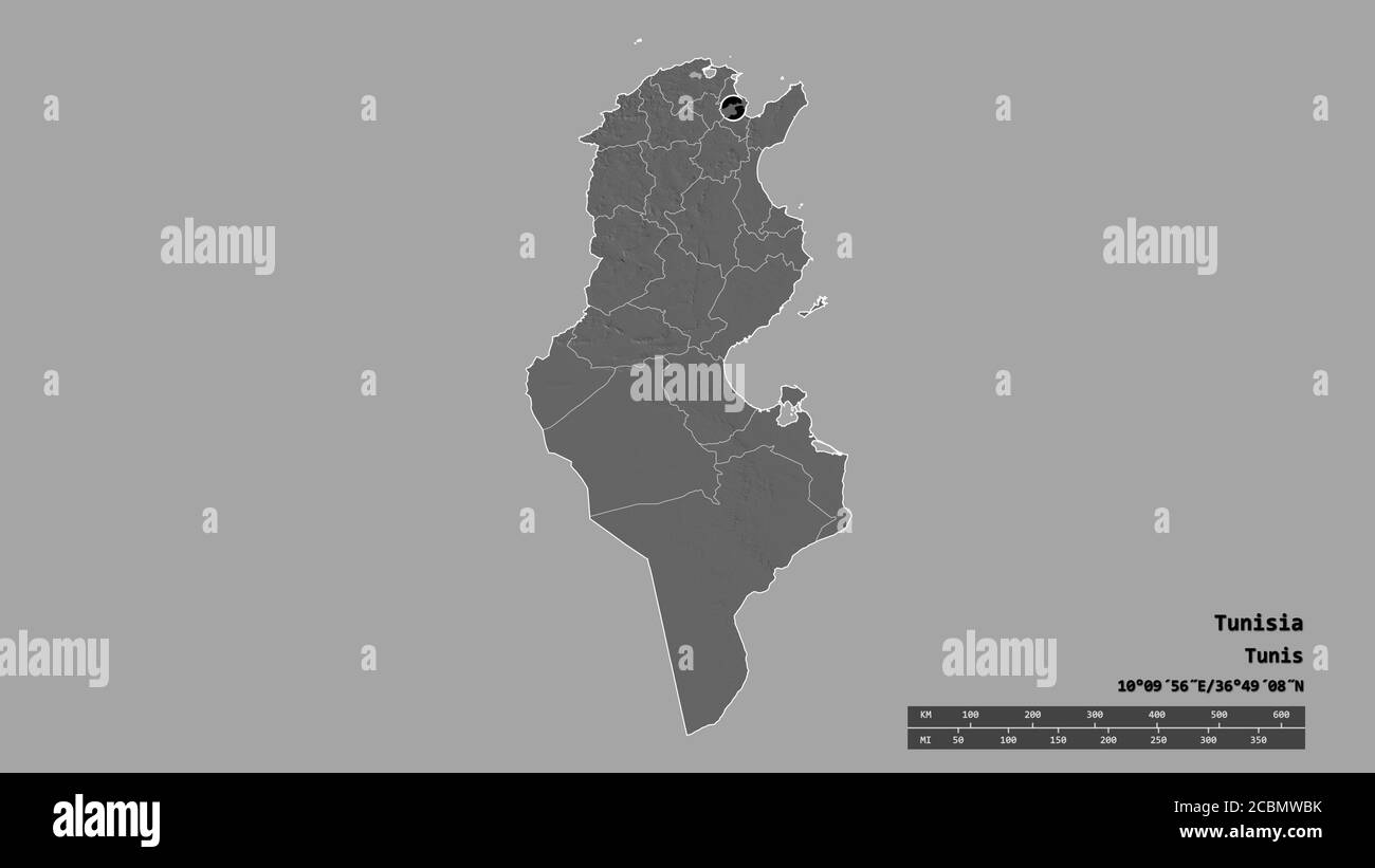 Forme désaturée de Tunisie avec sa capitale, sa principale division régionale et la région séparée de Tunis. Étiquettes. Carte d'élévation à deux niveaux. Rendu 3D Banque D'Images