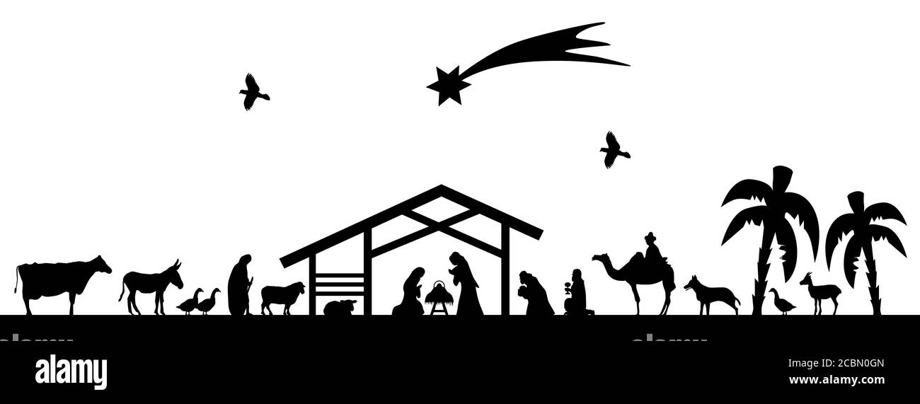 Scène de la nativité illustrée avec le bébé Jésus, l'étoile de Bethléem - concept de religion Banque D'Images