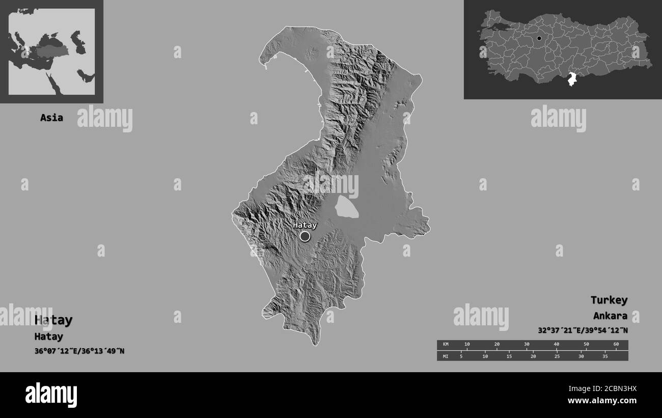 Forme de Hatay, province de Turquie, et sa capitale. Echelle de distance, aperçus et étiquettes. Carte d'élévation à deux niveaux. Rendu 3D Banque D'Images