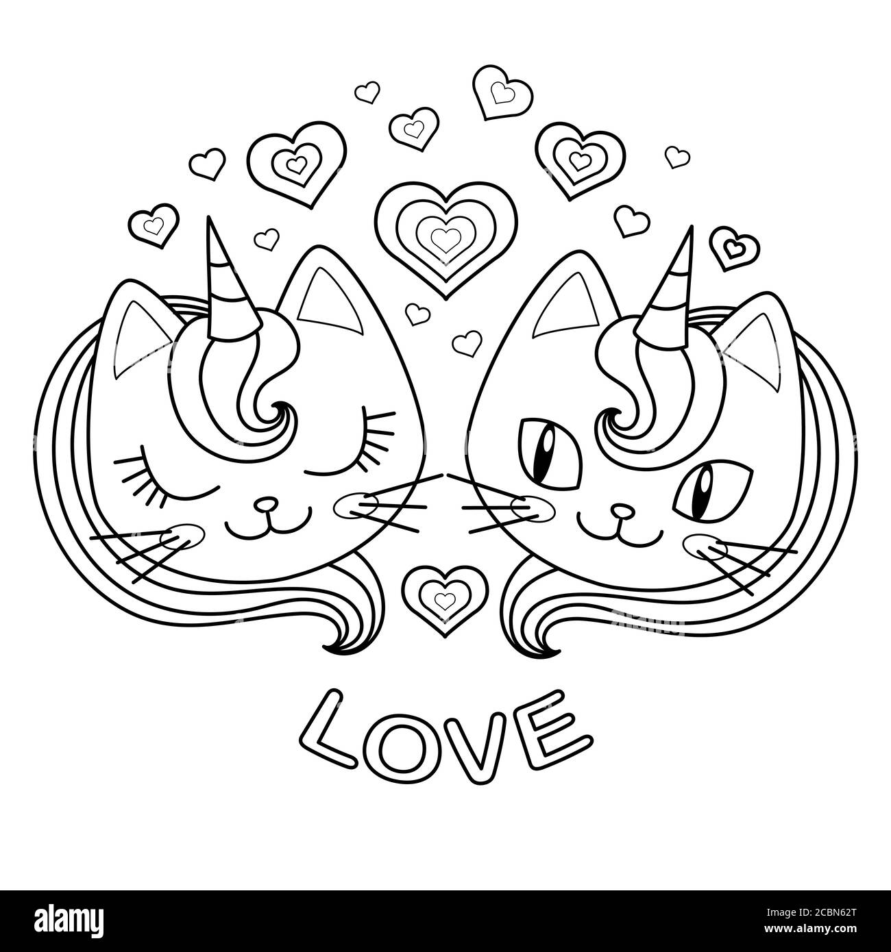 Image en noir et blanc. Têtes de deux chats licorne amoureux. Pour la conception de livres de coloriage, de tirages, d'affiches, de tatouages, d'autocollants, etc. Vector Illustration de Vecteur