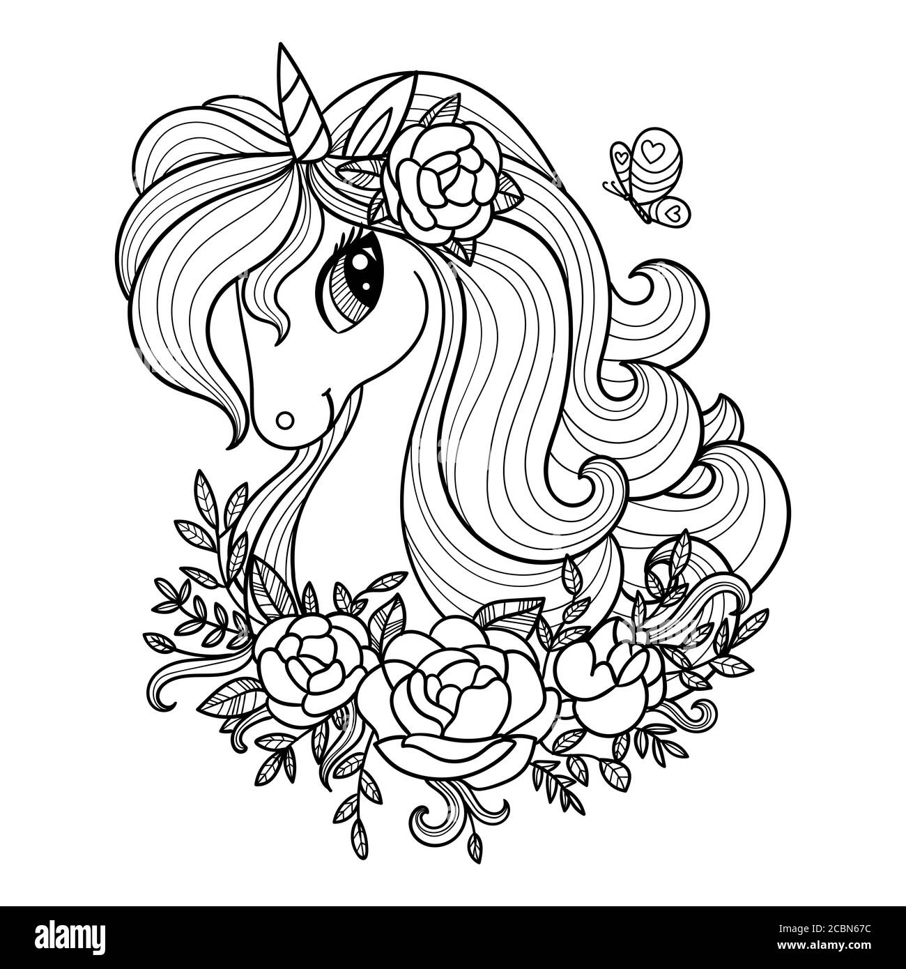 Tête de licorne avec de longues lamanes et des fleurs. Dessin linéaire noir-blanc. Pour la conception de livres à colorier, imprimés, affiches, tatouages, cartes postales, autocollants, Illustration de Vecteur