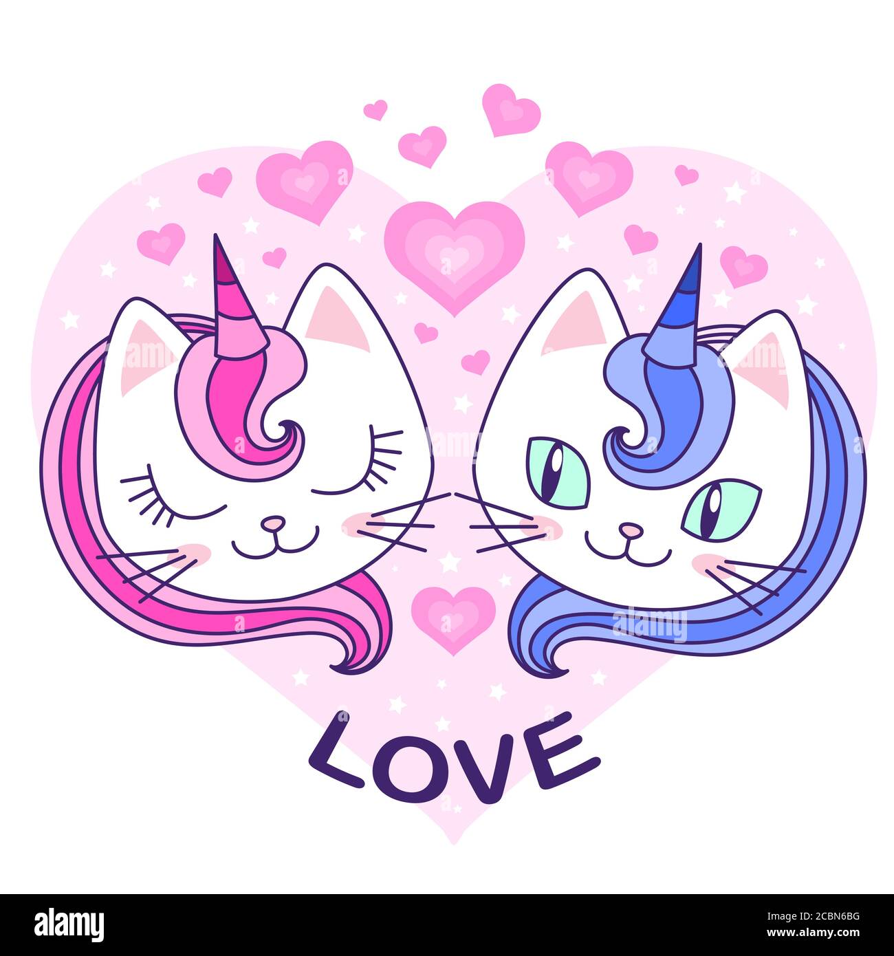 Amour. Deux chats licorne amoureux. Animaux fantastiques. Pour la conception d'imprimés, d'affiches, de cartes postales, d'autocollants, de bannières, etc. Illustration vectorielle Illustration de Vecteur