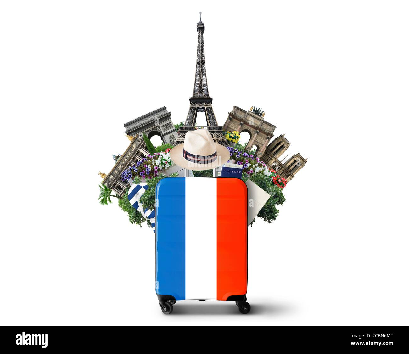 France, valise moderne avec drapeau français et monuments Banque D'Images