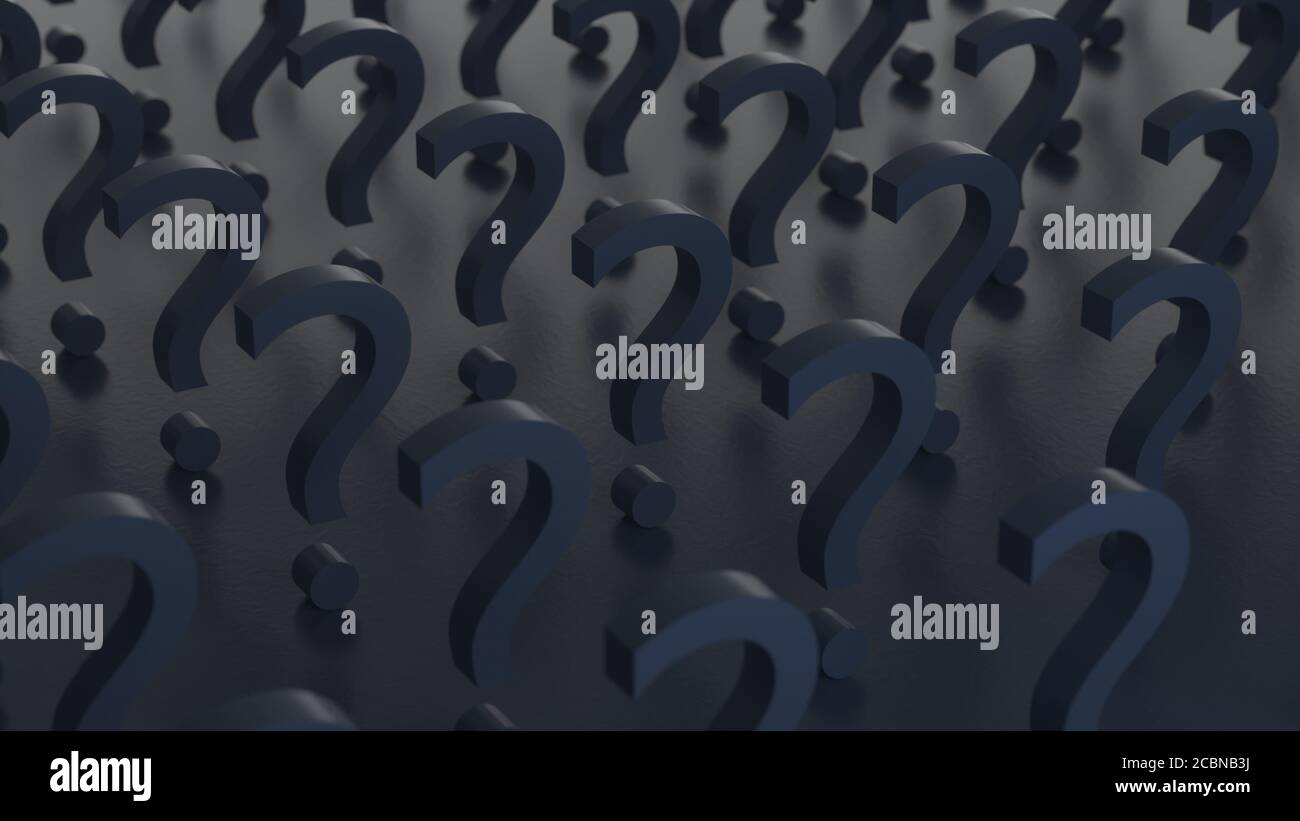 Questionner les marques sombres dans une vue isométrique isolée sur un arrière-plan sombre. Idée ou problème, réponse, concept de FAQ. Rendu 3D Banque D'Images