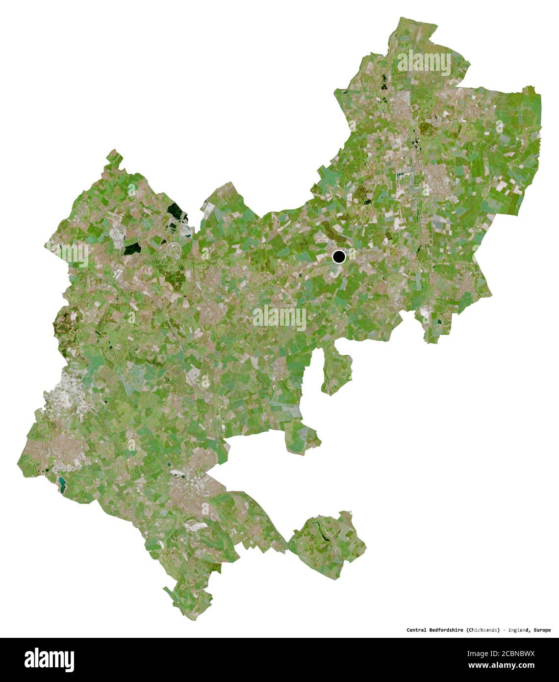 Forme du Bedfordshire central, comté administratif de l'Angleterre, avec sa capitale isolée sur fond blanc. Imagerie satellite. Rendu 3D Banque D'Images