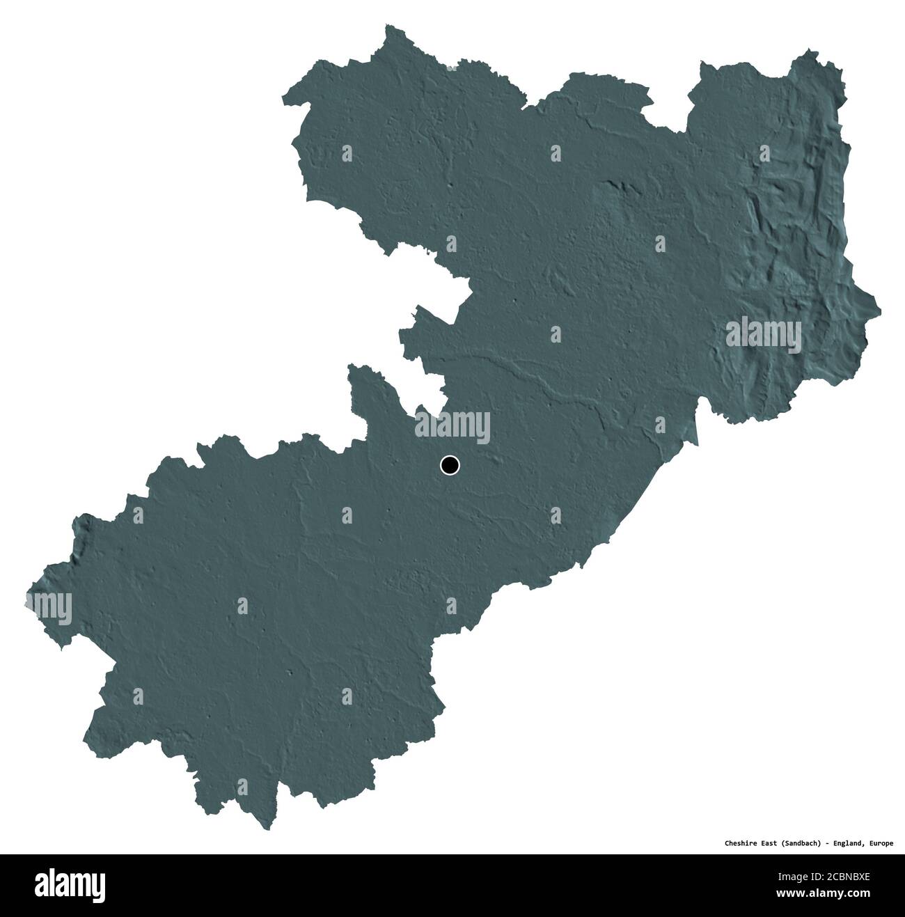 Forme du Cheshire est, comté administratif de l'Angleterre, avec sa capitale isolée sur fond blanc. Carte d'altitude en couleur. Rendu 3D Banque D'Images