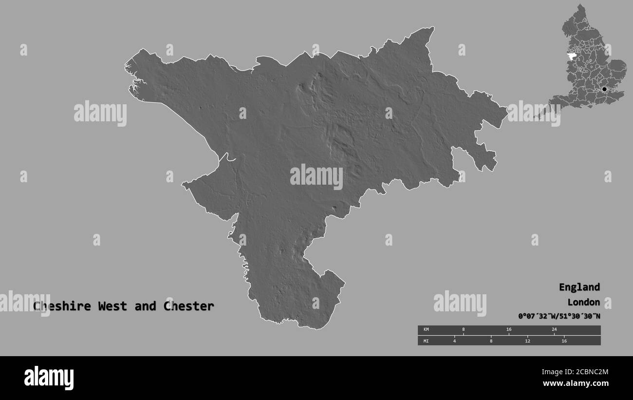 Forme de Cheshire West et Chester, comté administratif d'Angleterre, avec sa capitale isolée sur fond solide. Echelle de distance, aperçu de la région et Banque D'Images