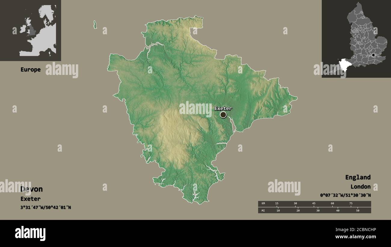 Forme du Devon, comté administratif de l'Angleterre, et sa capitale. Echelle de distance, aperçus et étiquettes. Carte topographique de relief. Rendu 3D Banque D'Images