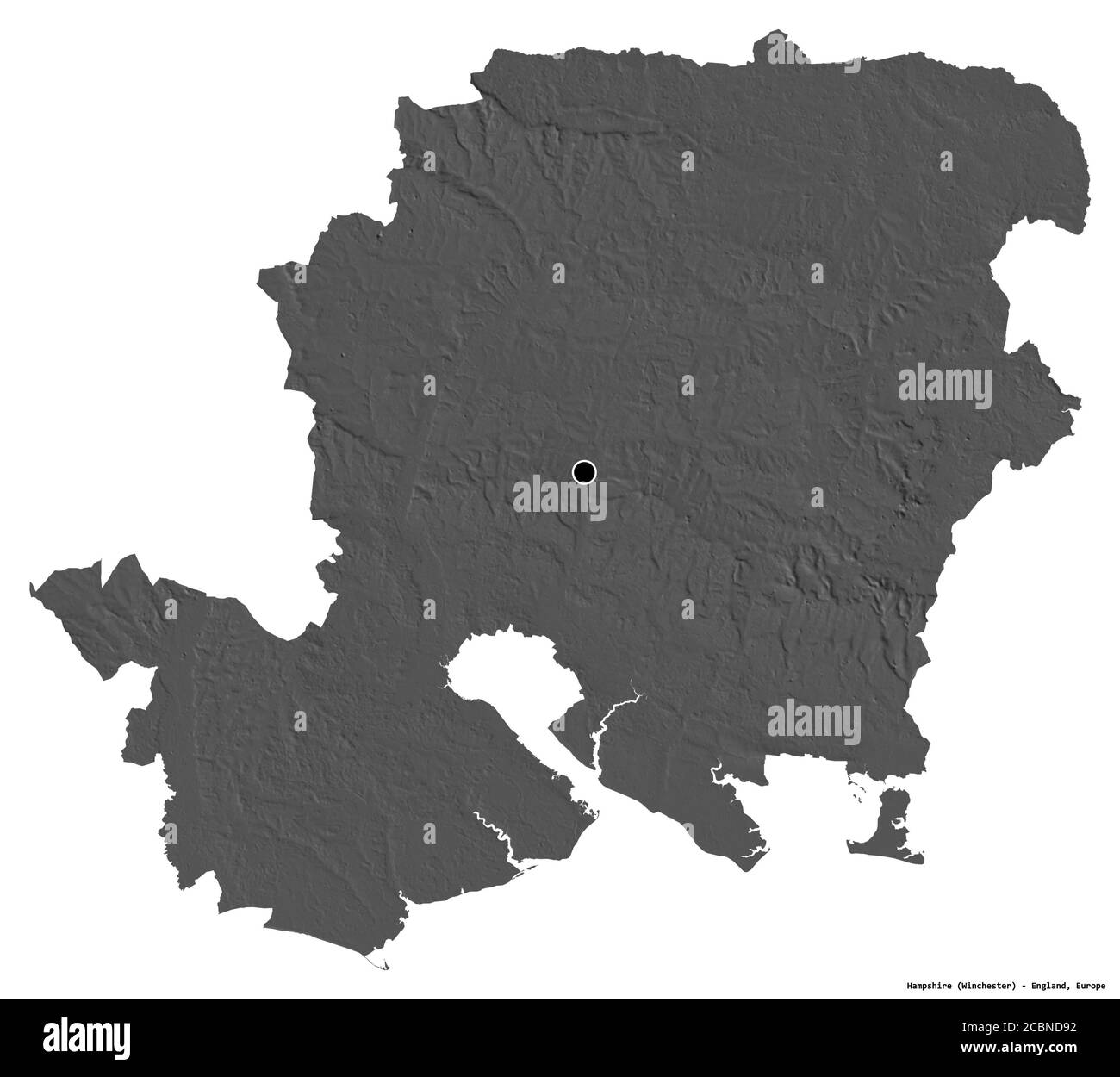 Forme du Hampshire, comté administratif de l'Angleterre, avec sa capitale isolée sur fond blanc. Carte d'élévation à deux niveaux. Rendu 3D Banque D'Images